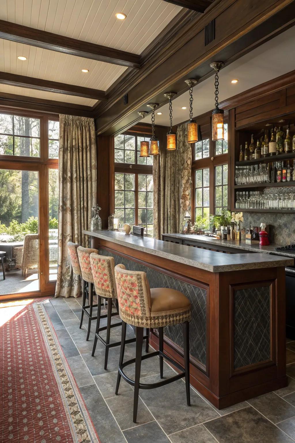 Trying out compositions adds depth and intrigue to your sunroom bar.