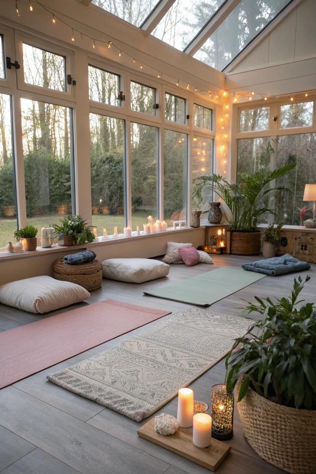 A serene sunroom designed for yoga and mindfulness.