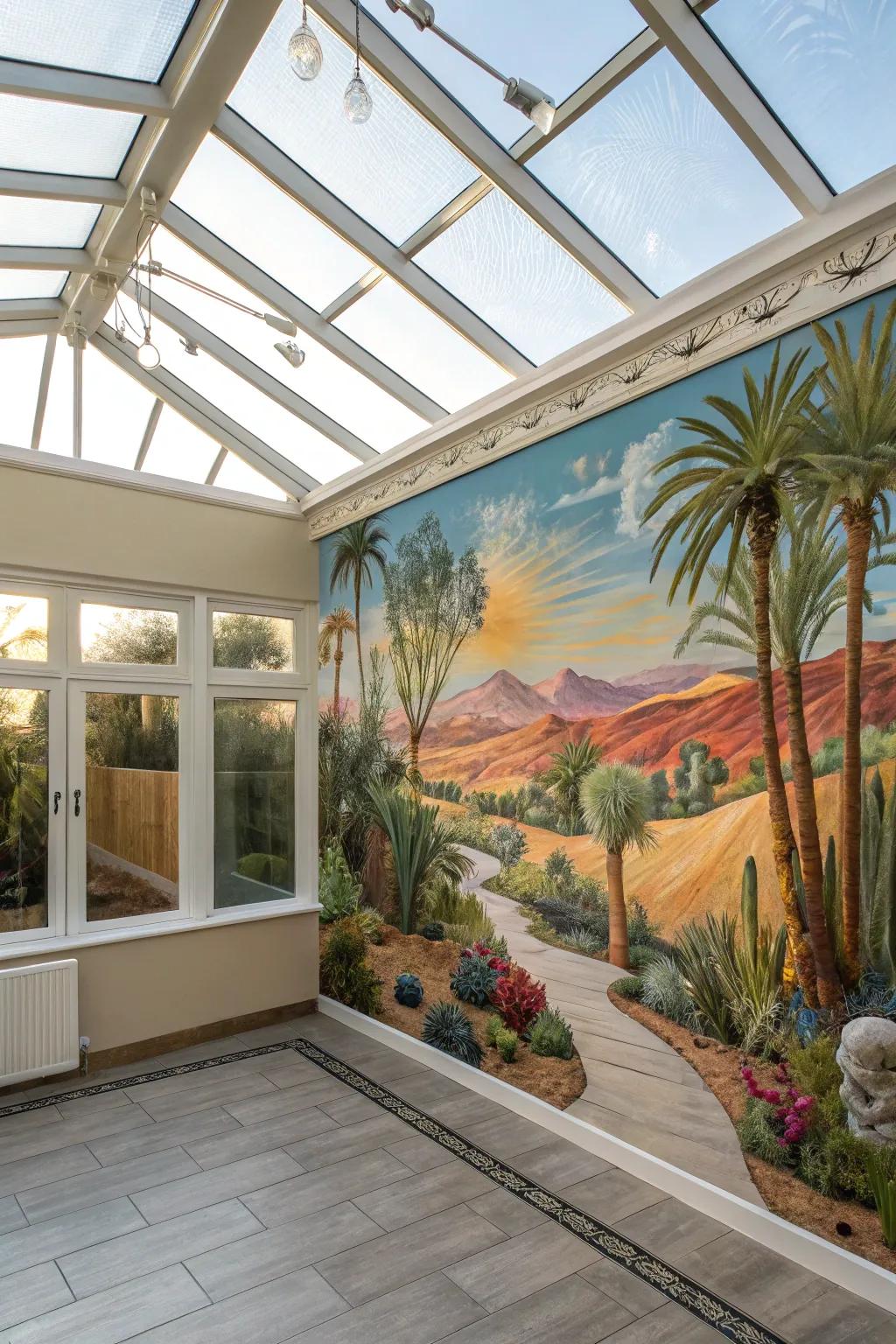 A sunroom showcasing a surreal desert oasis.