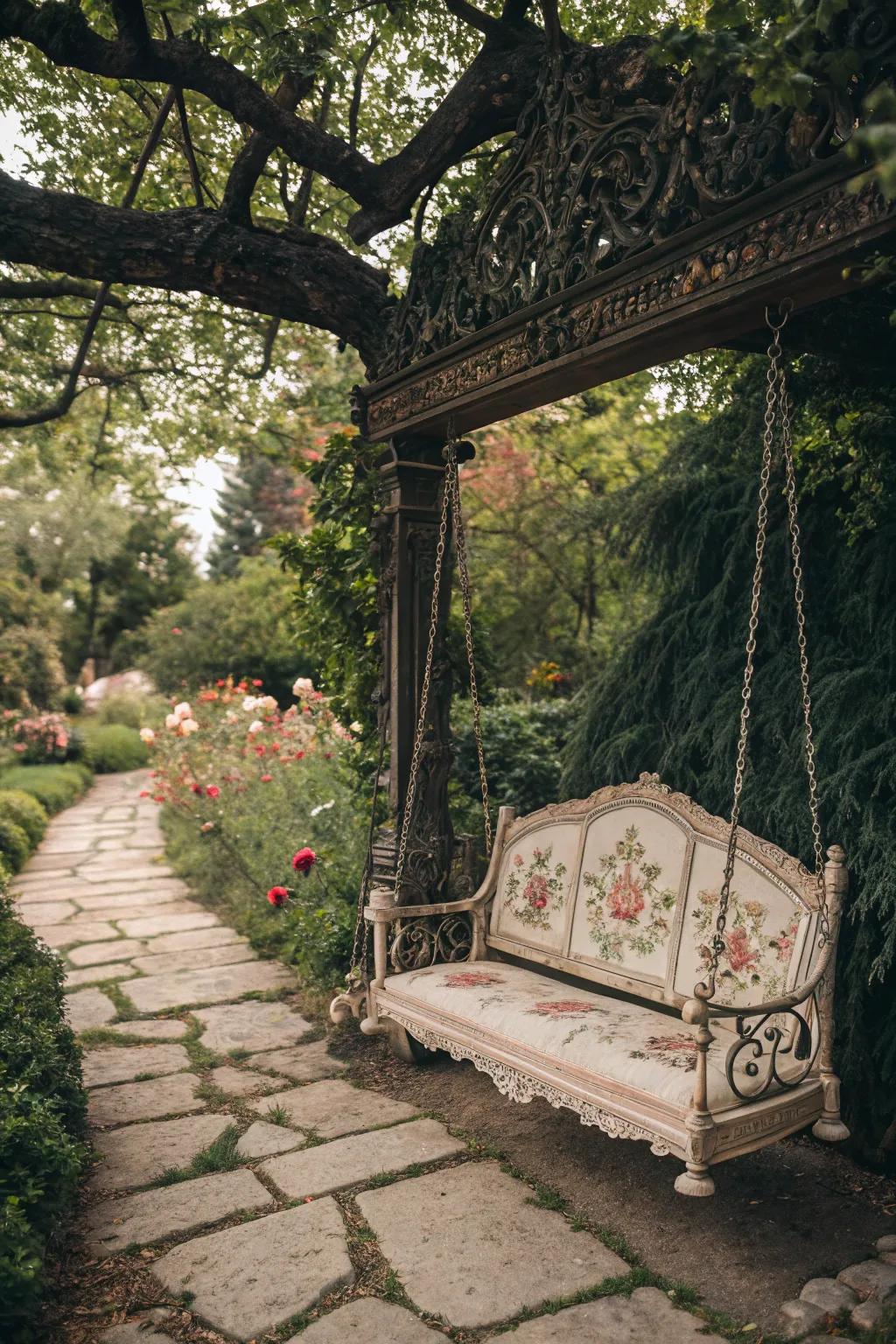 A heritage-inspired swing introduces historical charm to the garden.