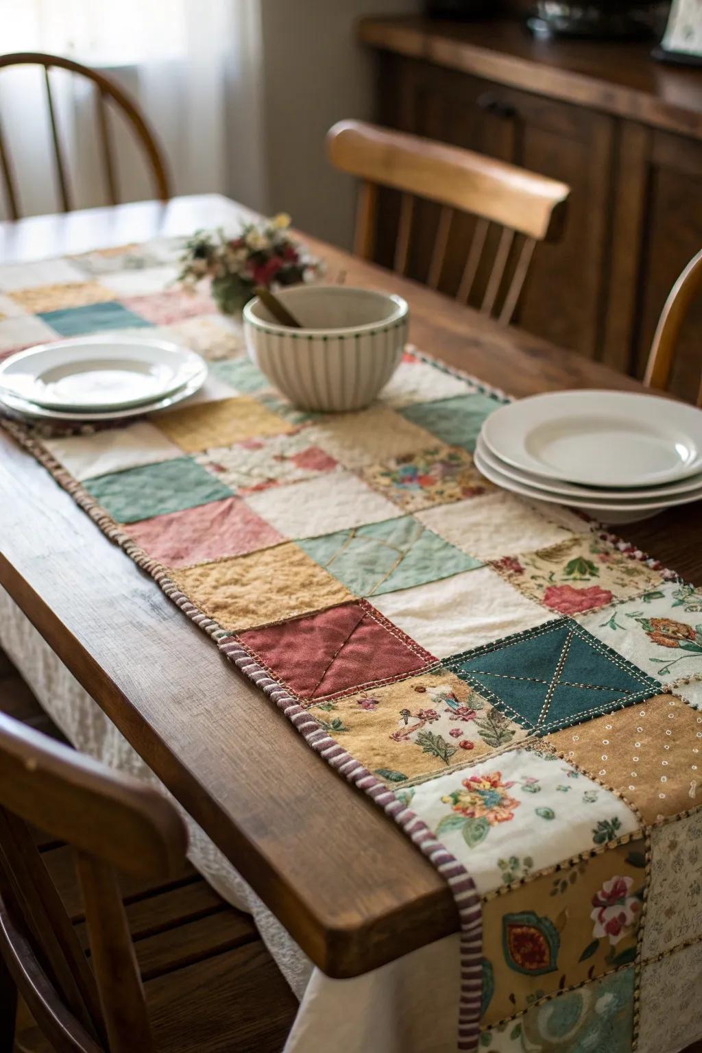 Quilt table runner for a nostalgic and charming dining experience.