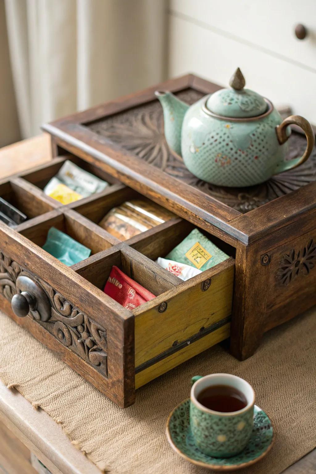 A vintage drawer repurposed for tea storage.