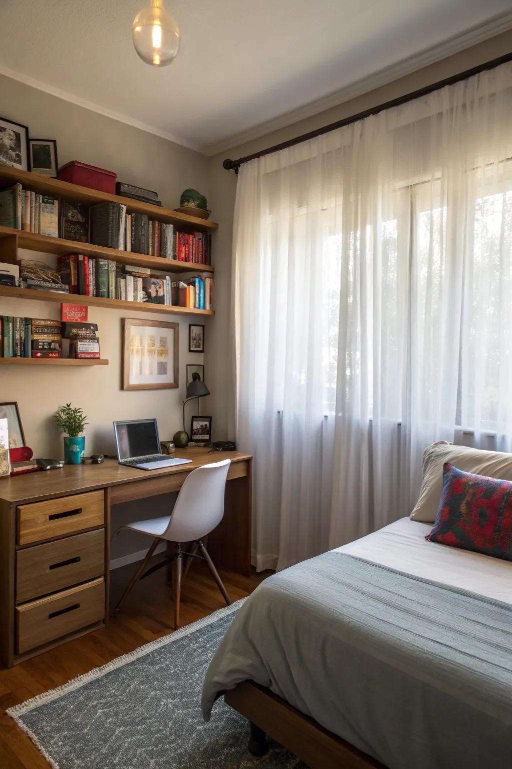 See-through window coverings enhance nature light and keep the room airy.