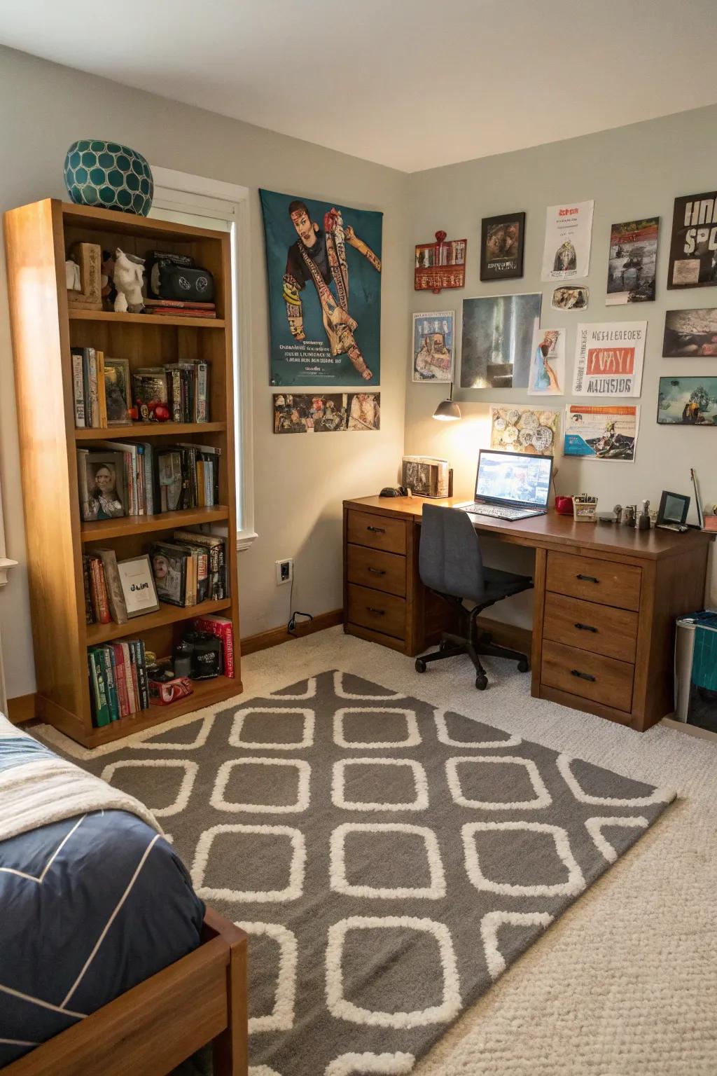 A textured rug introduces warmth and style to this teen boy's room.
