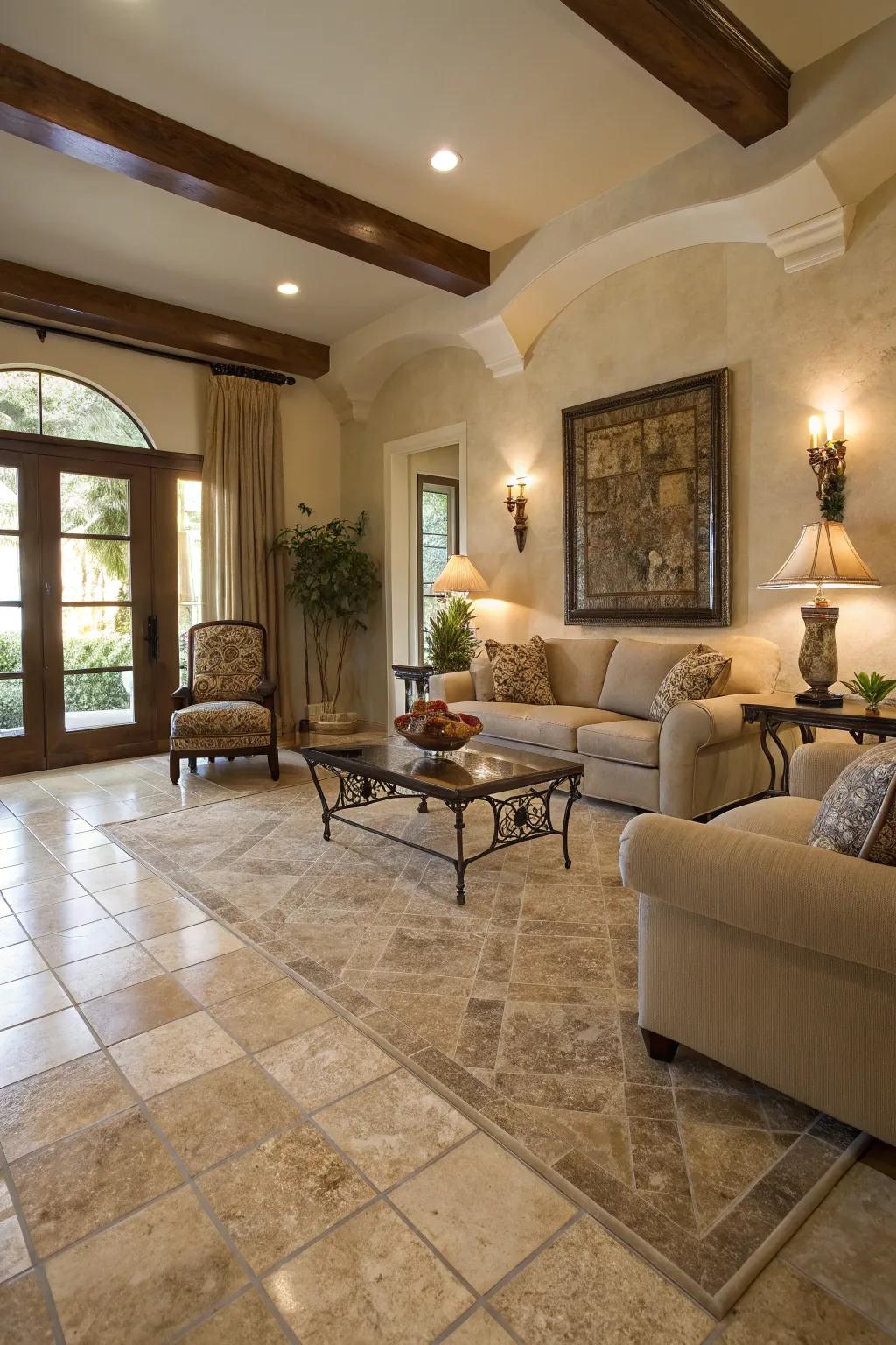 Travertine tiles offer earthy elegance and warmth to this living room.