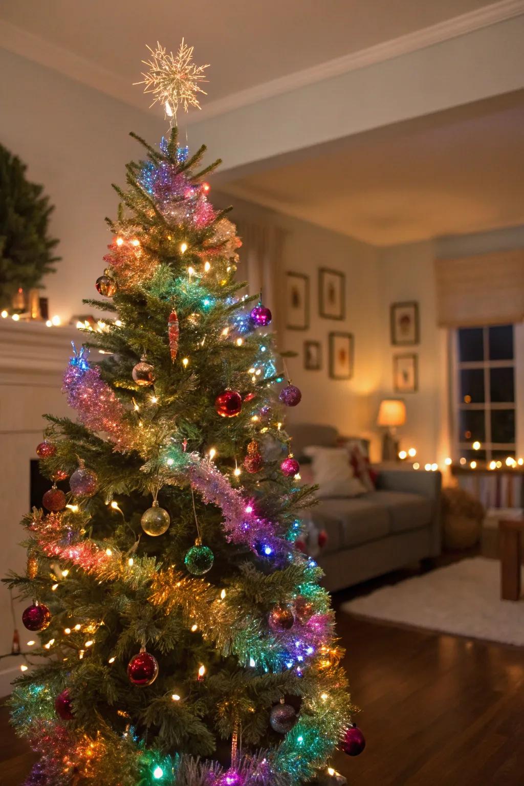 A subtly shimmering home decor scene with an opalescent foil Christmas tree.