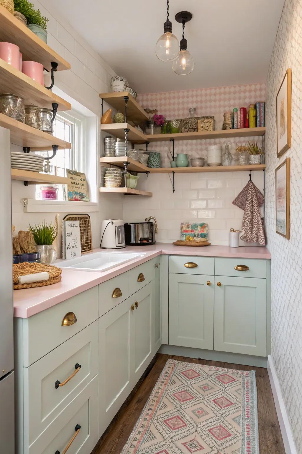 Spaces and openings provide clever storage and decor solutions in small kitchens.