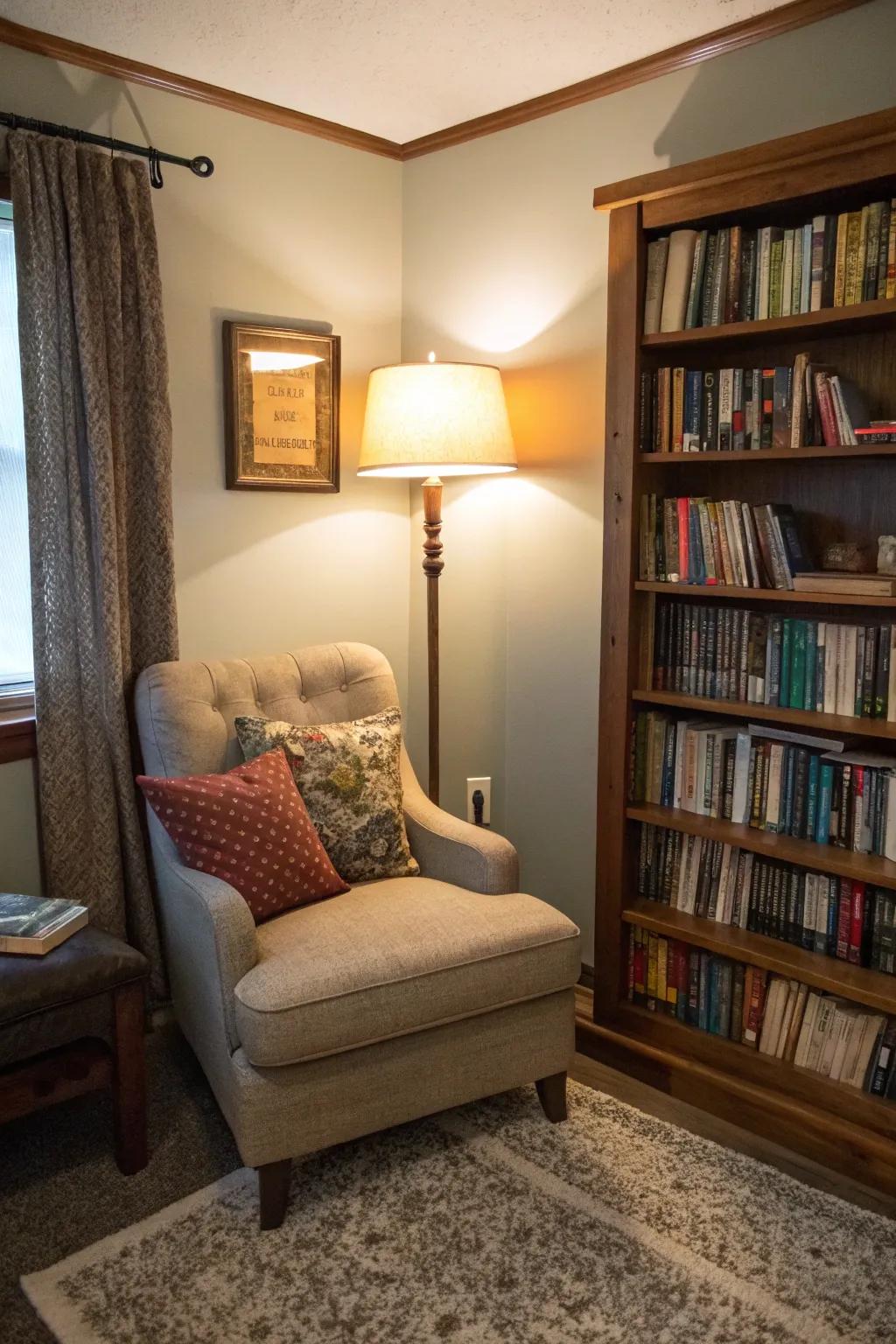 A reading space provides a serene escape within a tiny room.