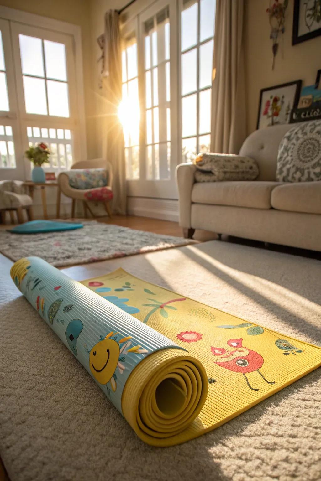 Practicing mindfulness with a colorful yoga mat.