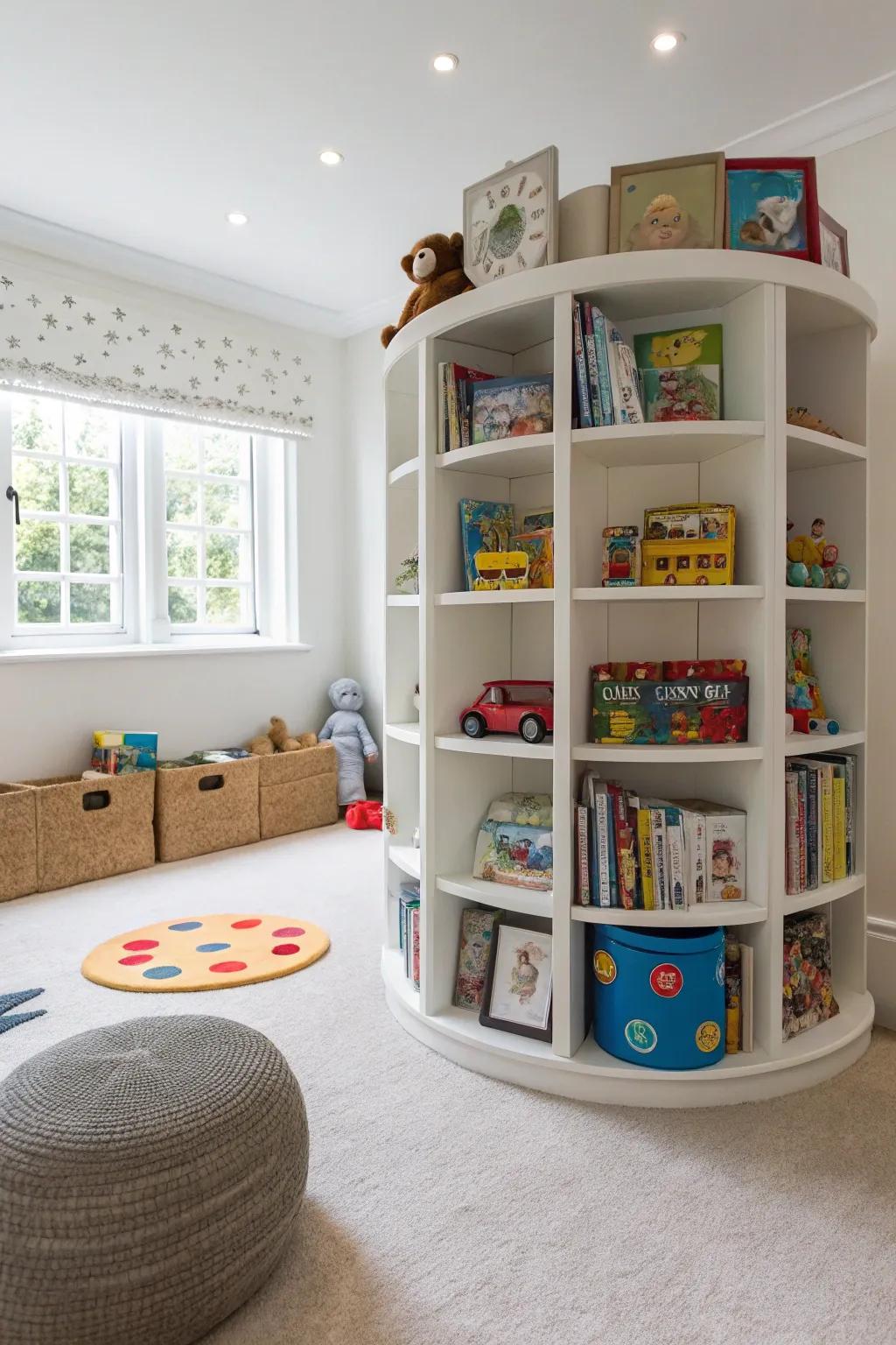 A revolving toy selection maintains the playroom fresh and clutter-diminished.