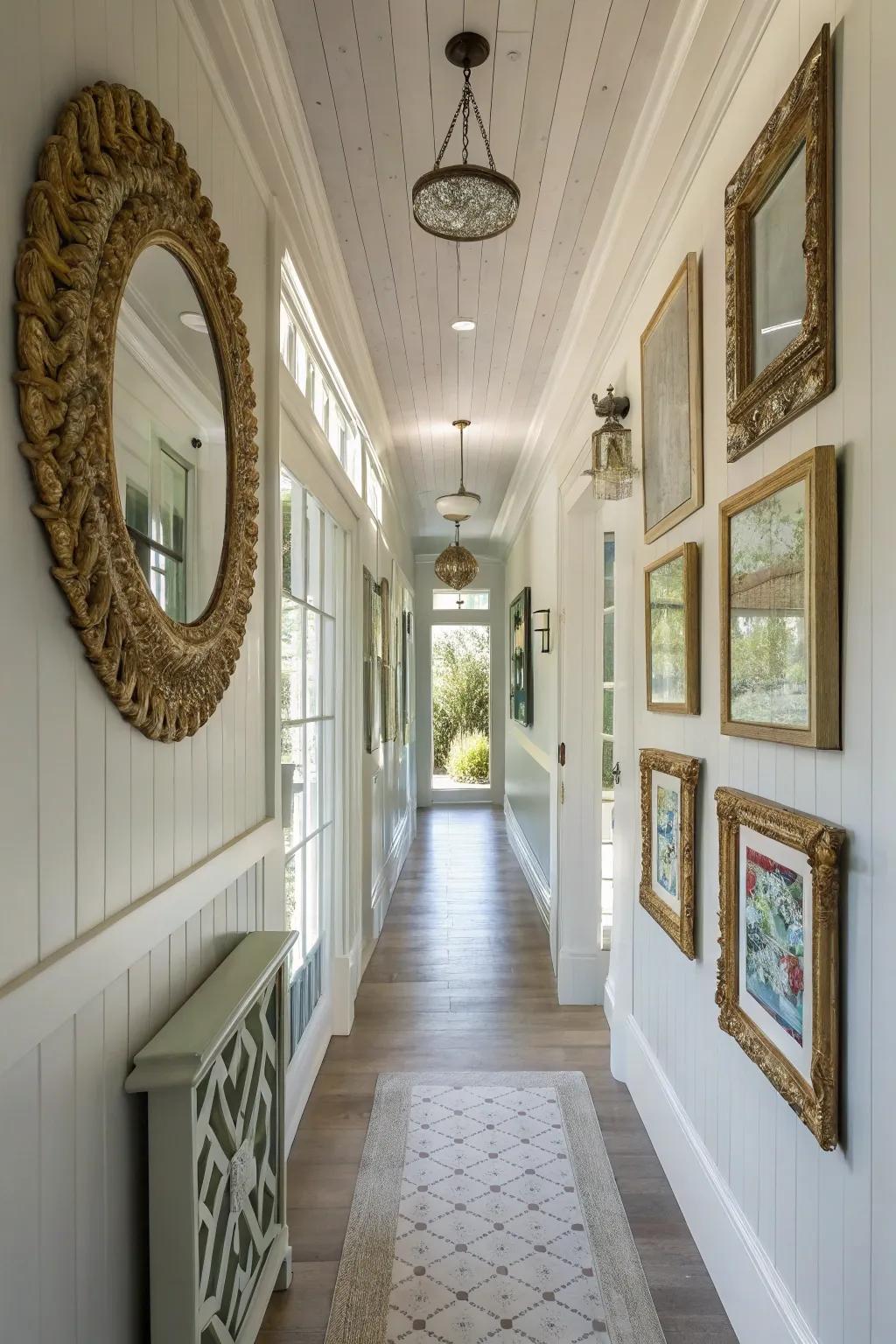Interlocking plank walls make this hallway feel especially inviting.