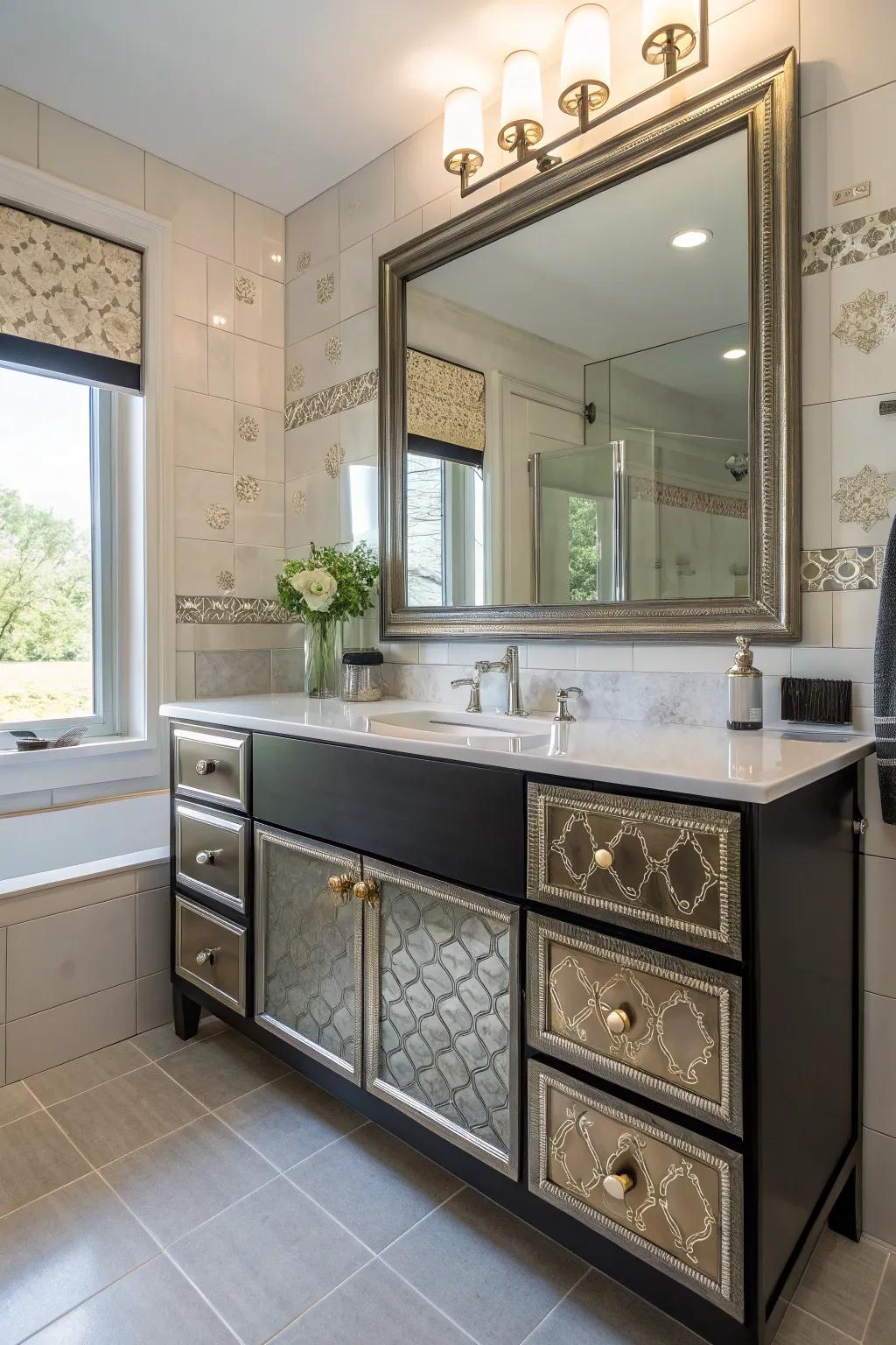 This bathroom vanity features personalized tiles and finishes, resulting in an elegant and unique aesthetic.