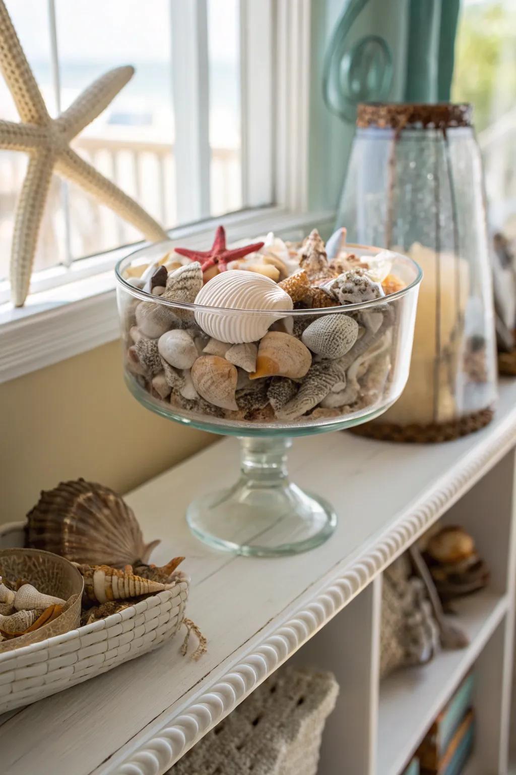 A dessert bowl showcasing an elegant collection of seashells.