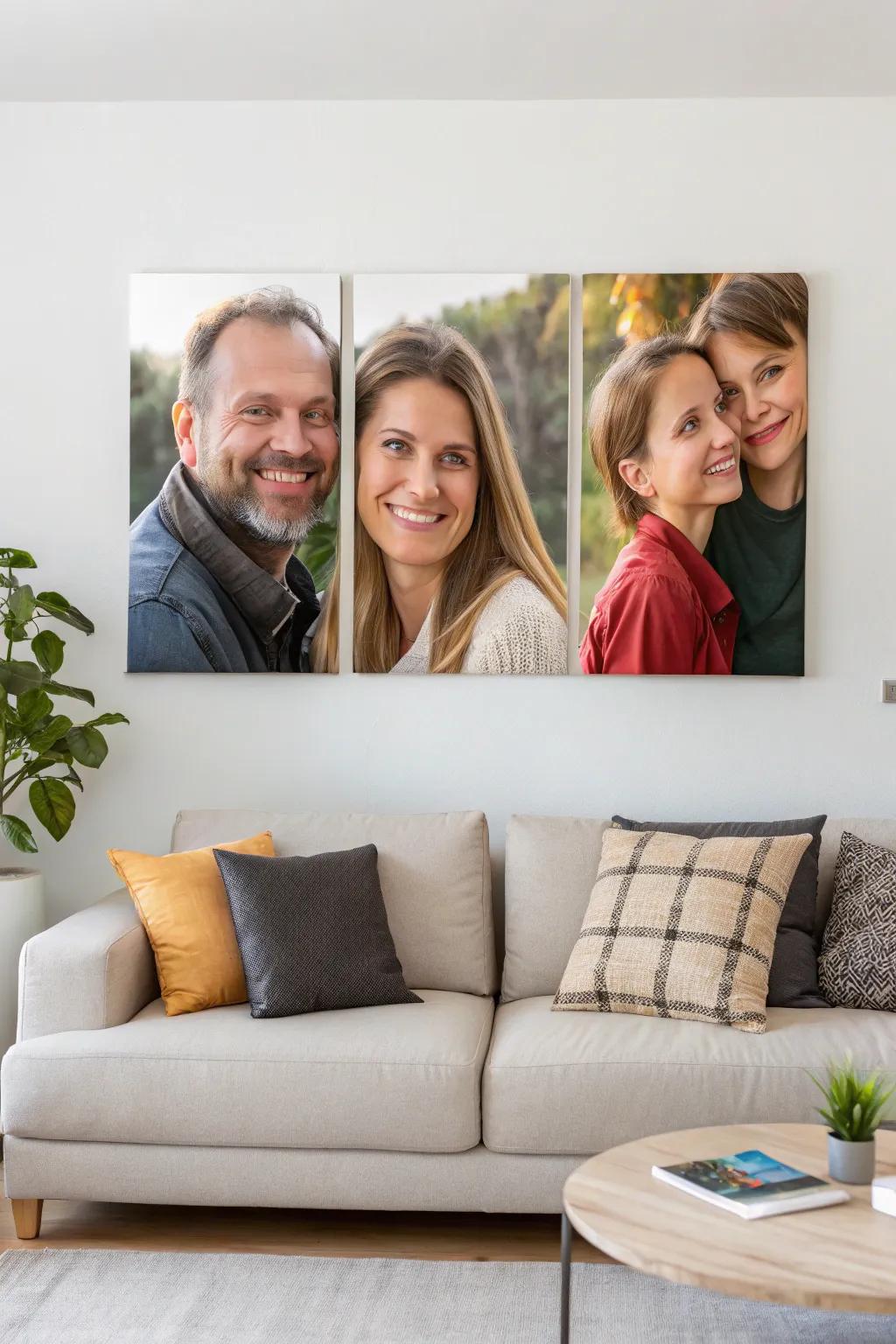 Heartfelt family portraits arranged in a modern triptych.