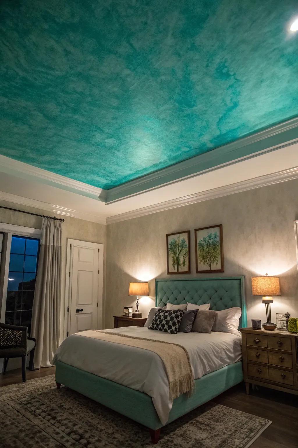 Teal ceilings add a dramatic touch.