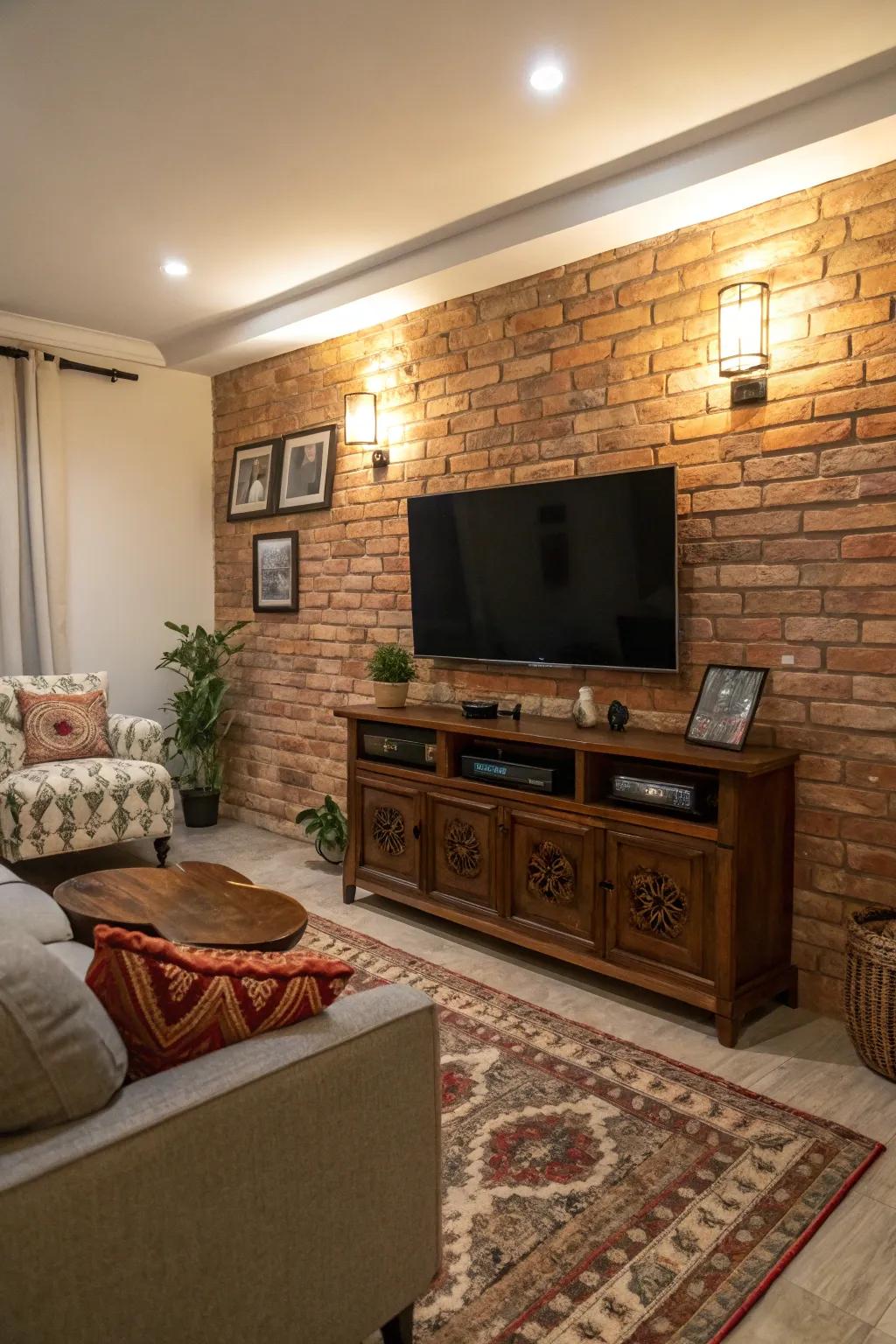 Vintage brick adds character and warmth to this TV feature wall.