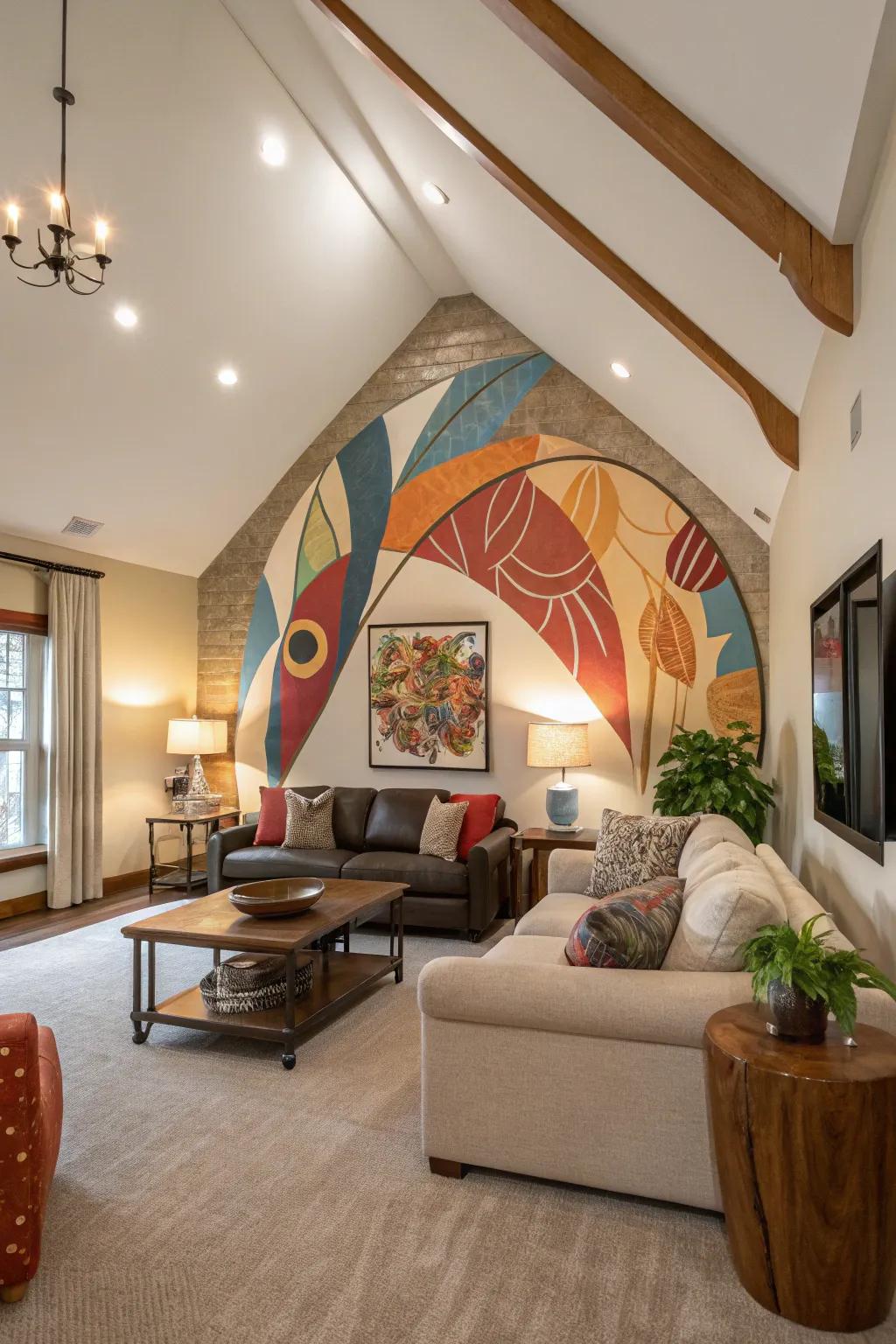 A family room showcasing a vaulted ceiling and a wall design with a non-figurative mural