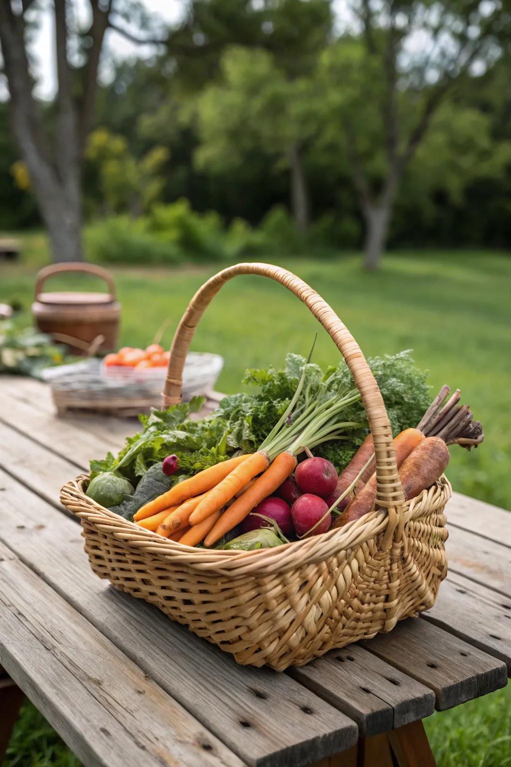 Rustic vegetable presentation in a charming basket.
