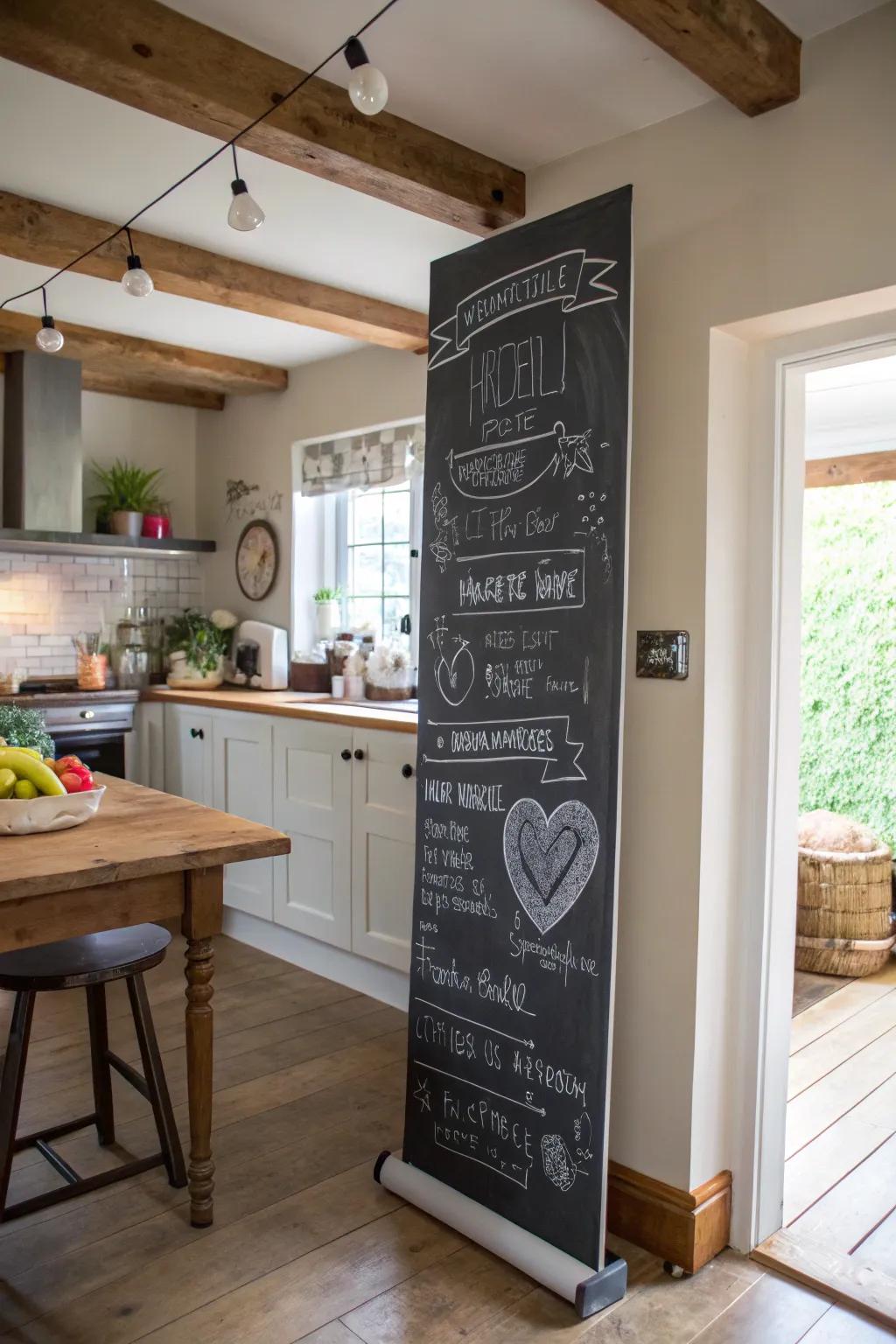 An interactive chalkboard banner gives a lively touch to a family kitchen.