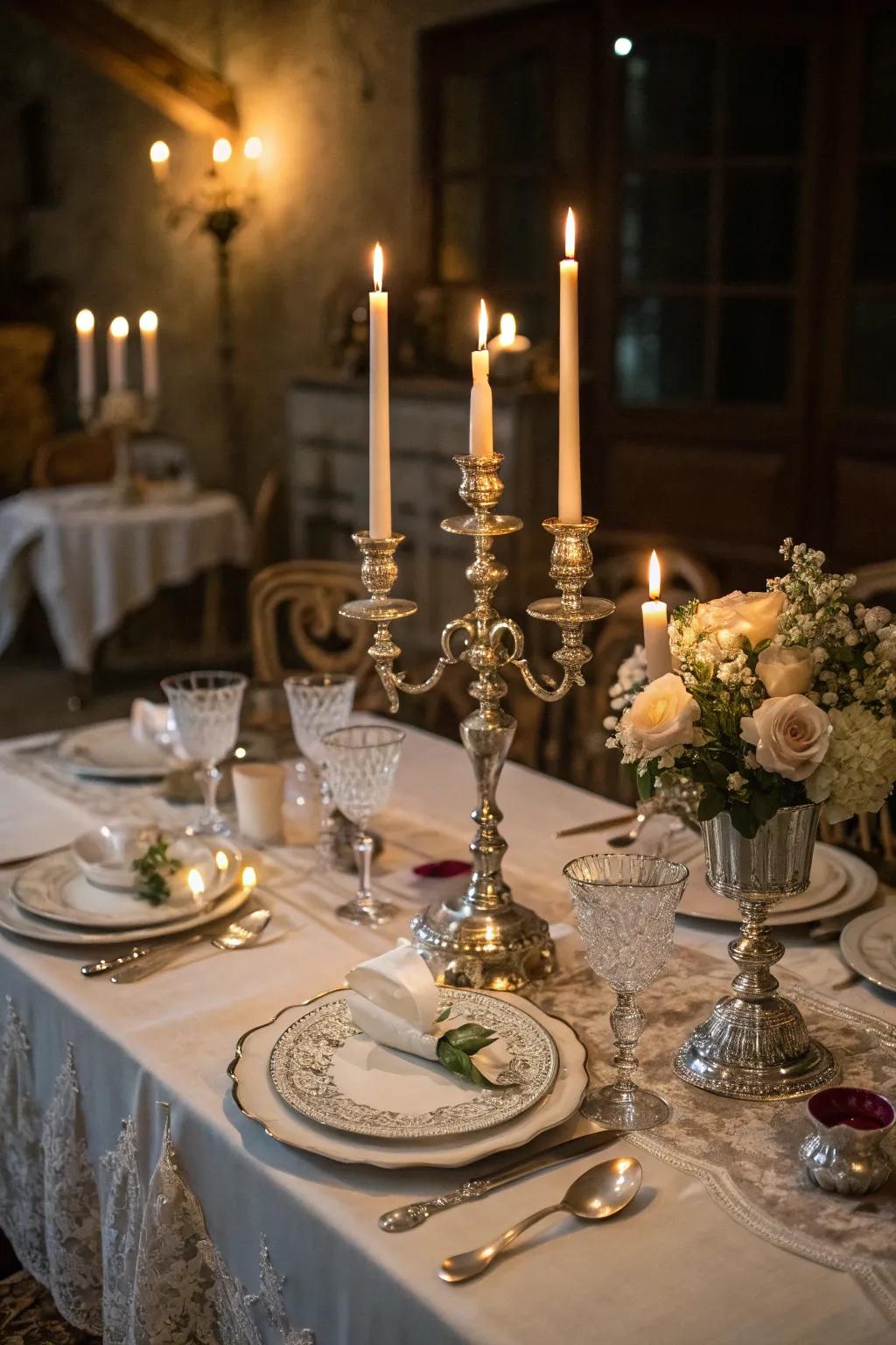 Candles and candelabras create an ageless sparkle at vintage gatherings.