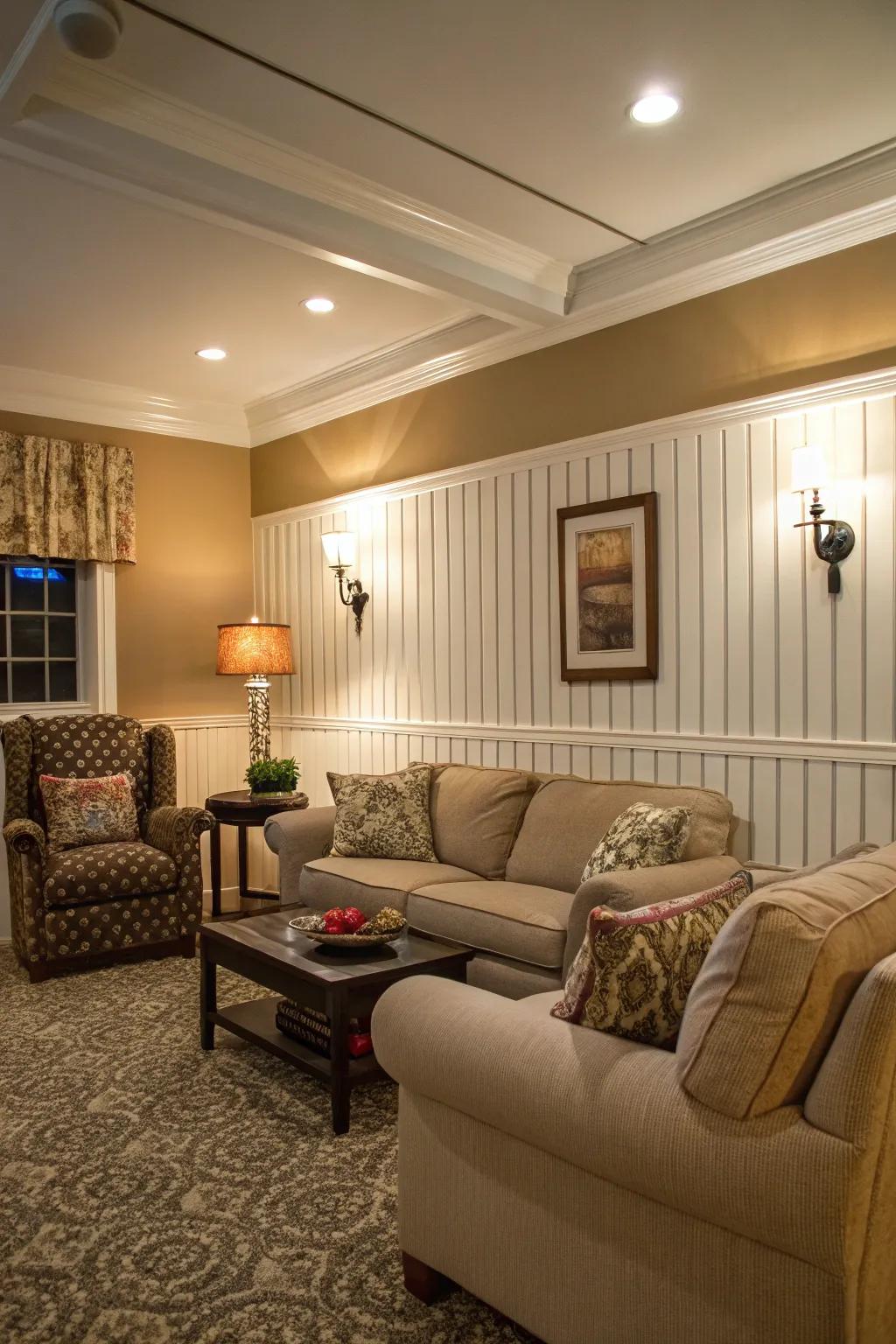 Add height to your space using perpendicular strip wainscoting.