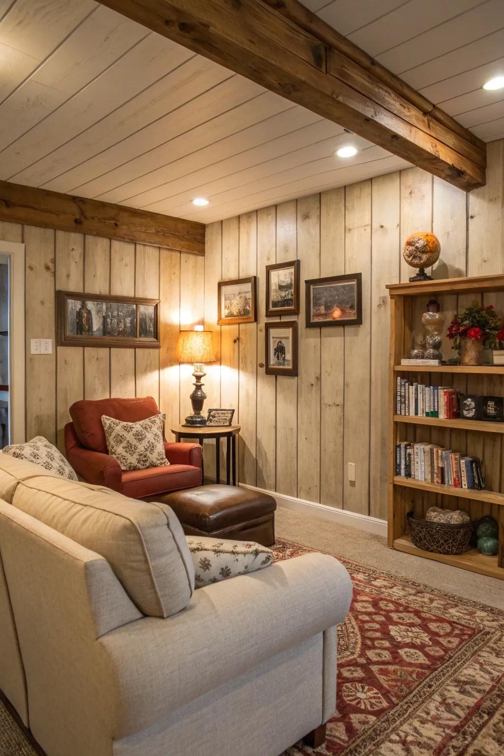 Painted wood paneling imparts rustic allure to a family area.