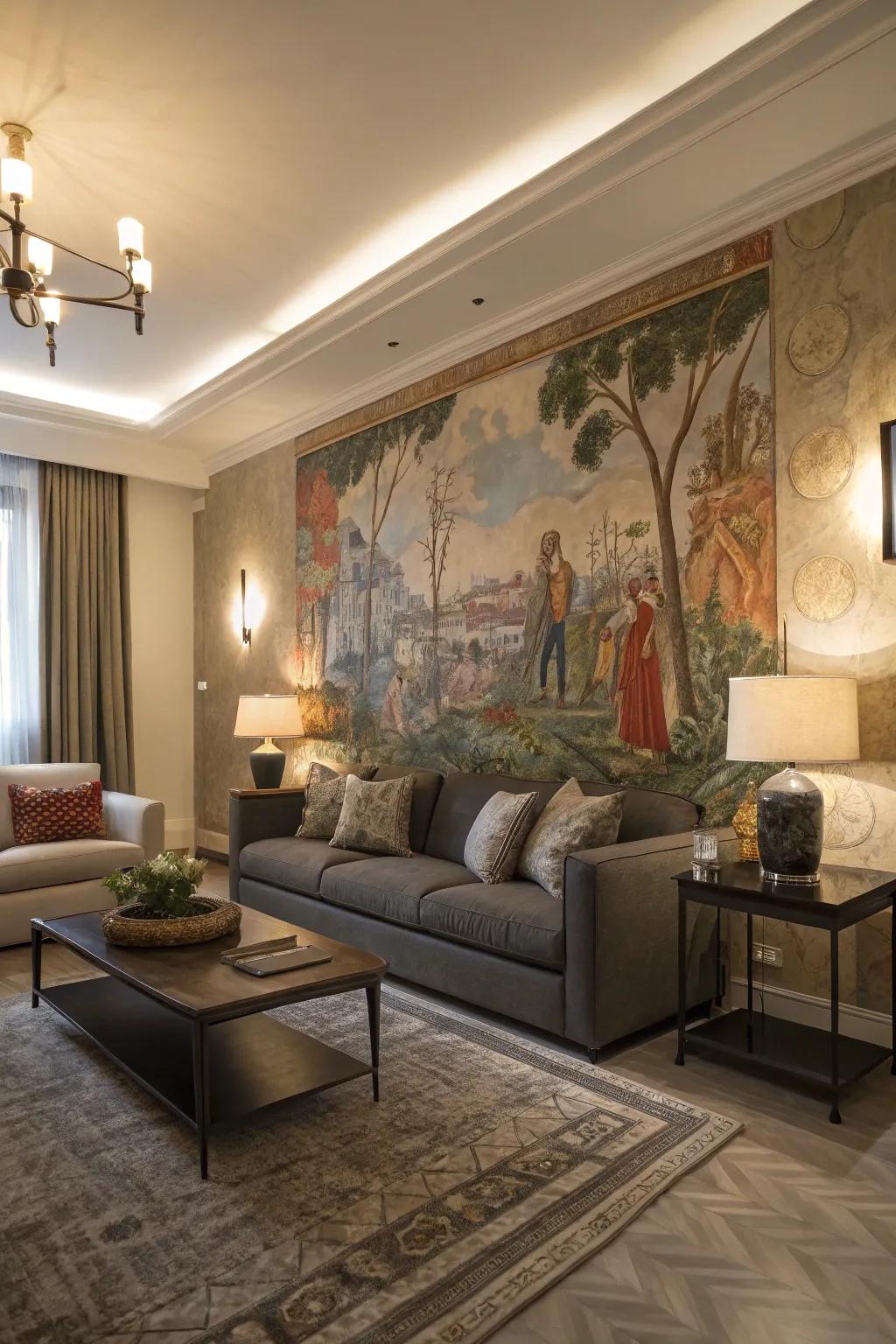 Artistic wall paintings create captivating focal points in living spaces.