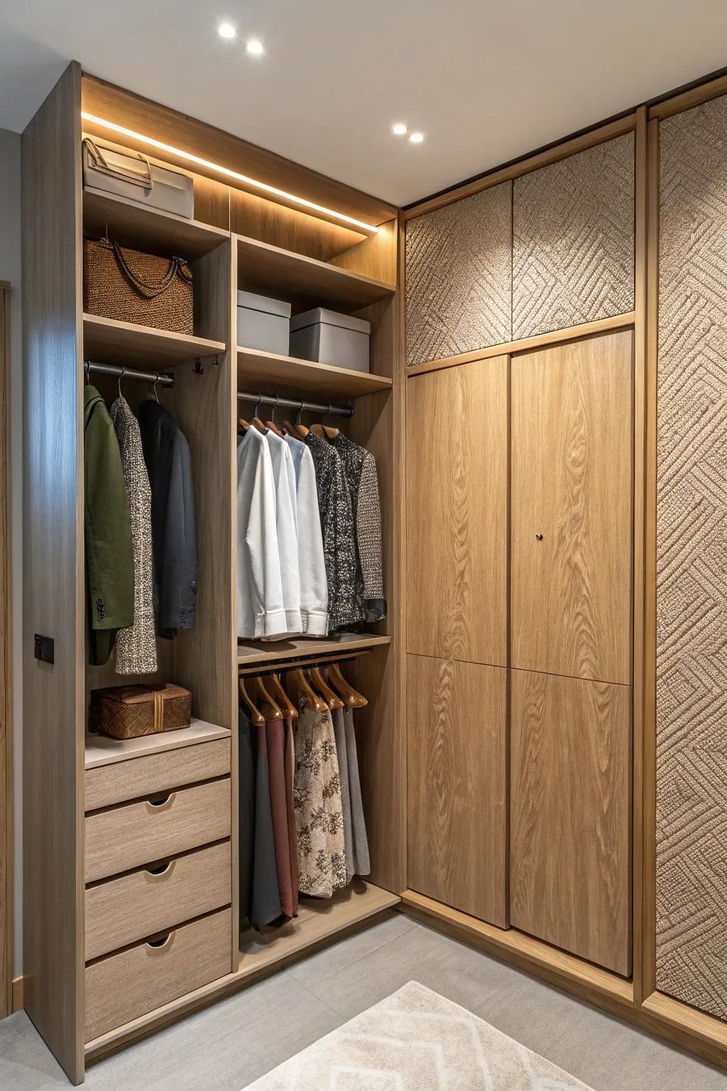 Textured finishes create a rich, tactile experience in your closet.