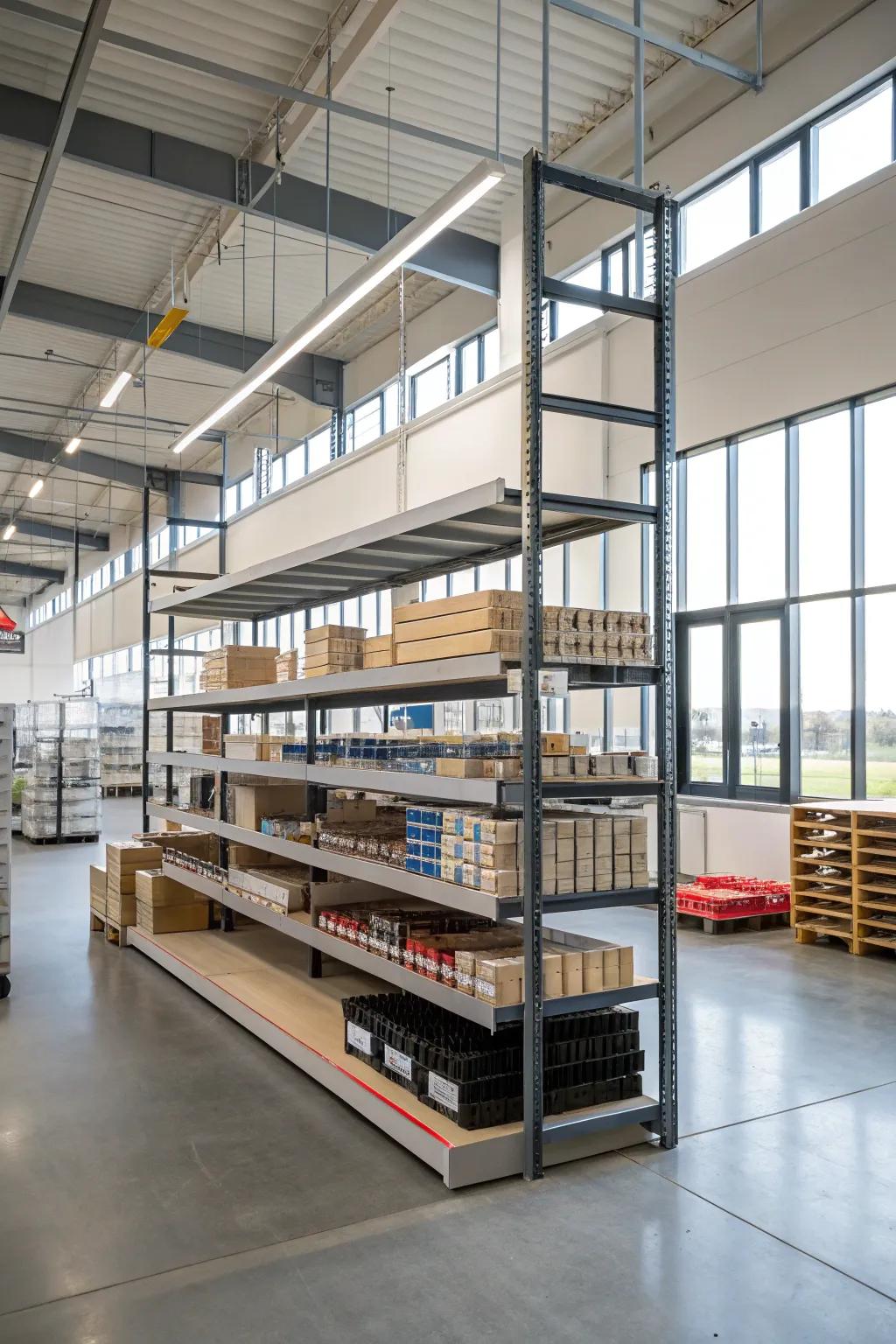 Floating shelves provide a modern, space-saving storage solution.