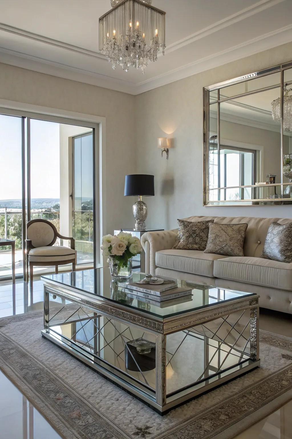 A living room feels larger and brighter because of reflective surfaces.
