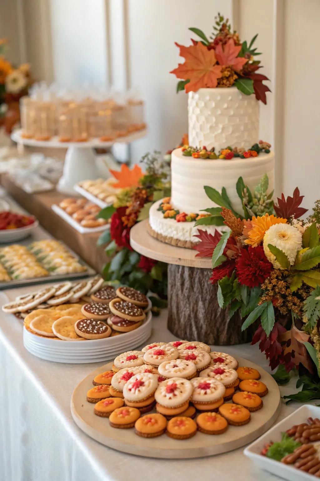 Seasonal decorations contribute an opportune hint to a wedding cookie spread.