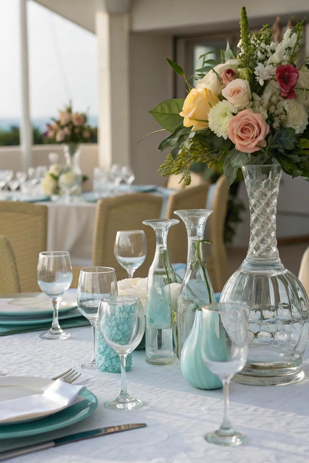Elegant glassware enhances the sophistication of your arrangement.