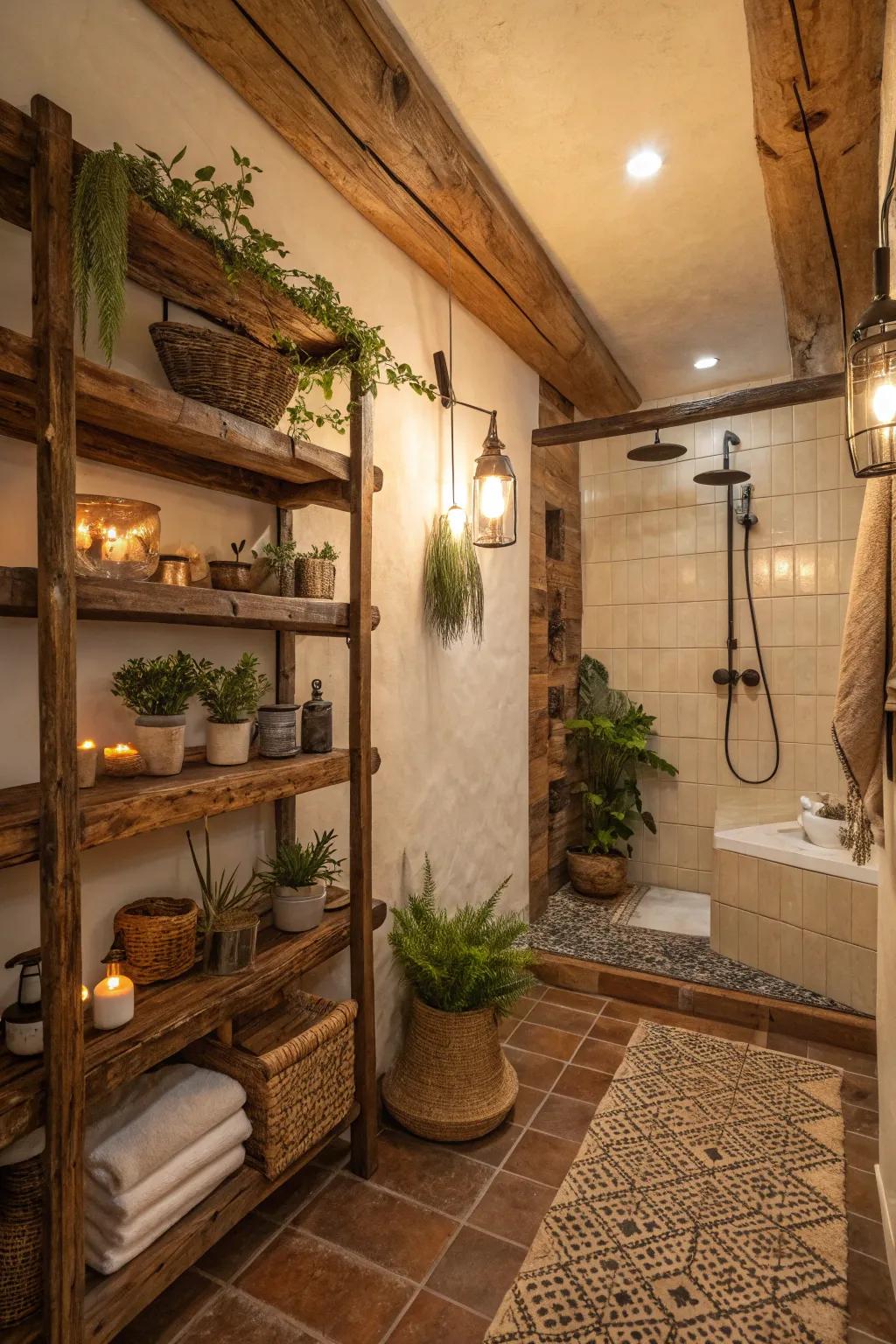 Above shower decor introduces a statement to this Western bathroom.