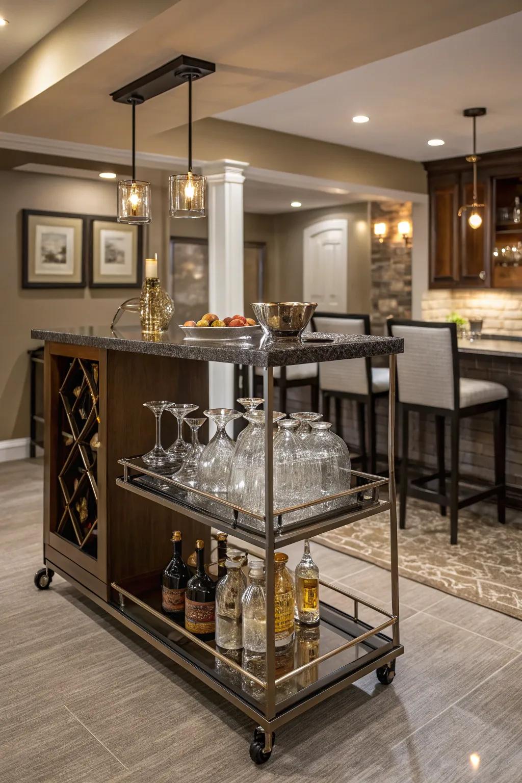Blend mobility with style by integrating a built-in bar cart for entertaining.