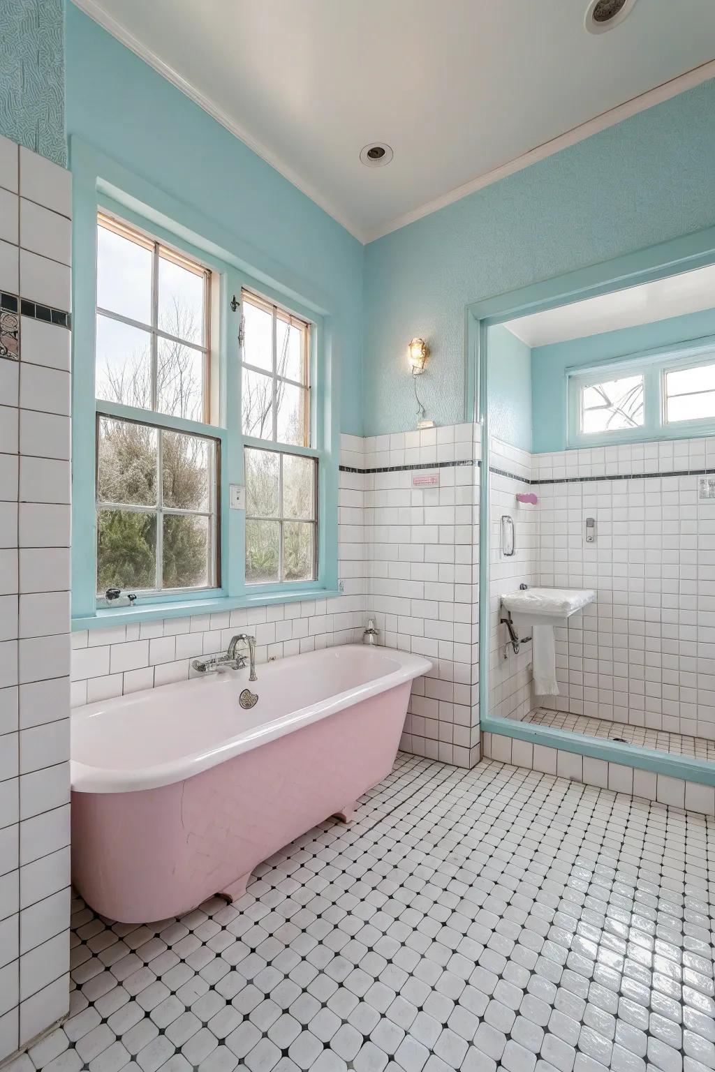 Pastel accents create a soothing ambiance with white tiles.