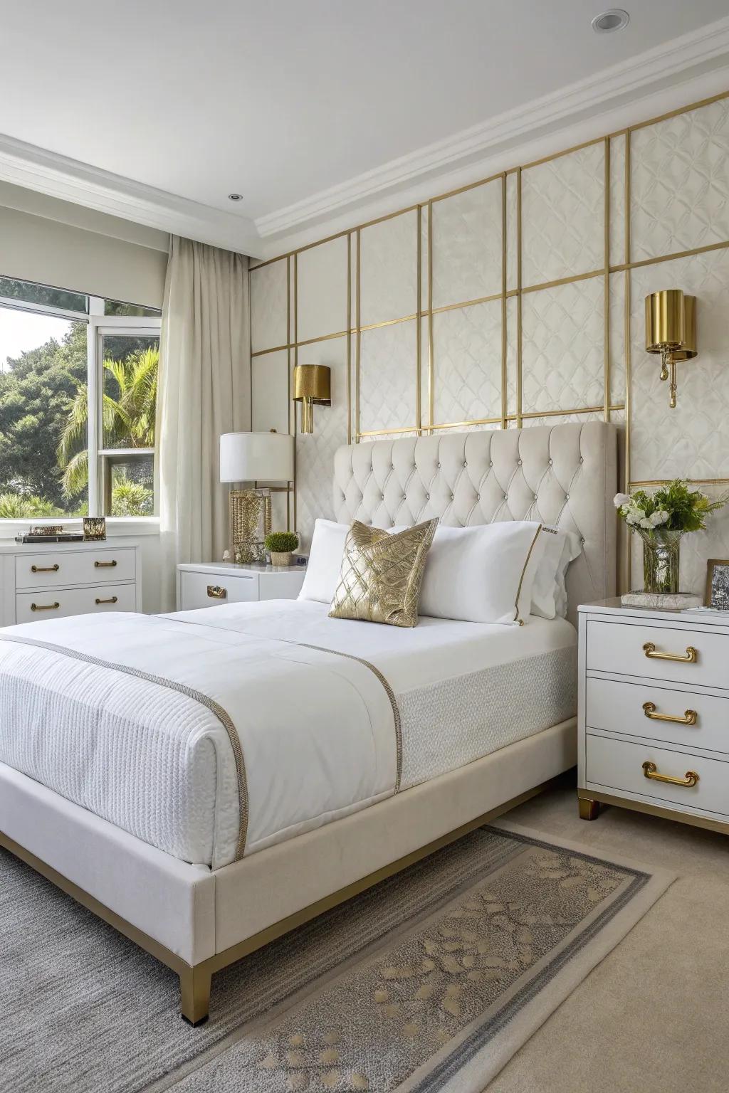 Metallic accents contribute understated glimmer to a white bedroom.