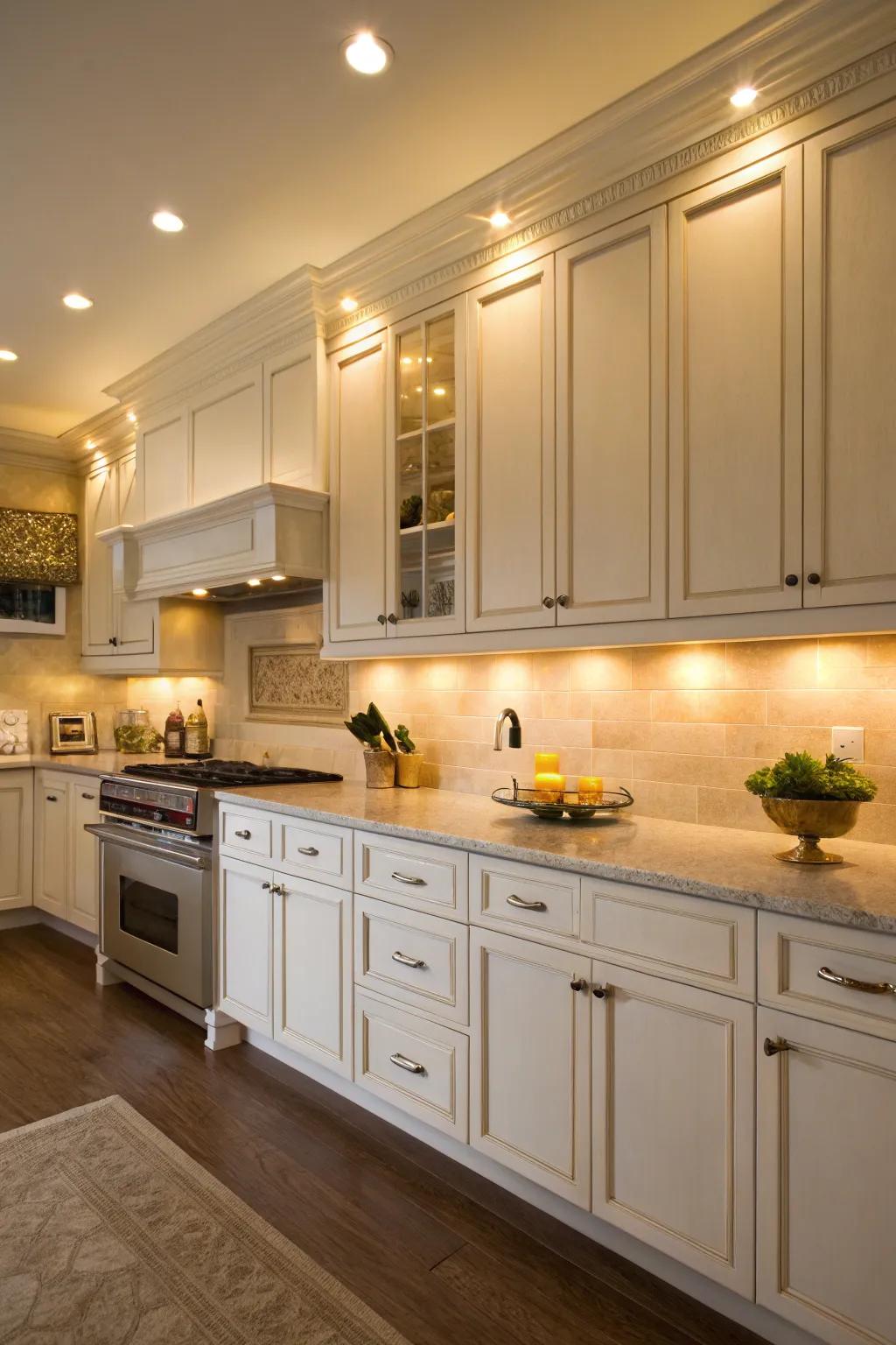 Peripheral lighting creates a cozy atmosphere in white kitchens.