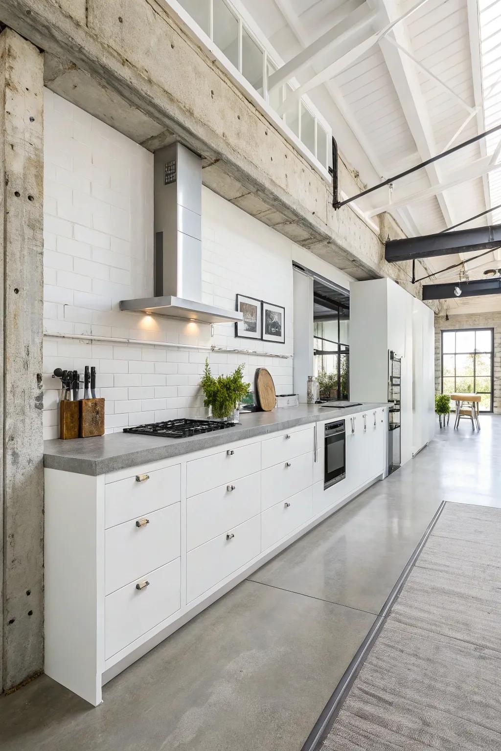 Unconventional elements like concrete introduce an industrial chic vibe to the white kitchen.