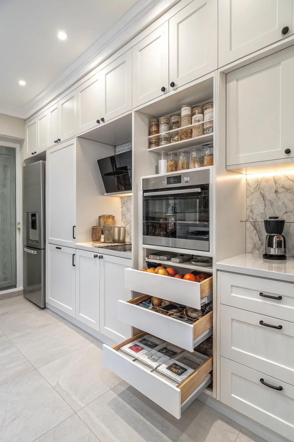 Smart storage systems keep the white kitchen tidy.