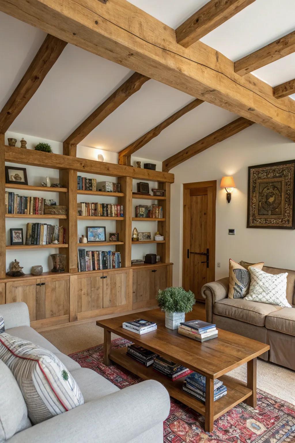 Functional and stylish beam shelving in a living area.