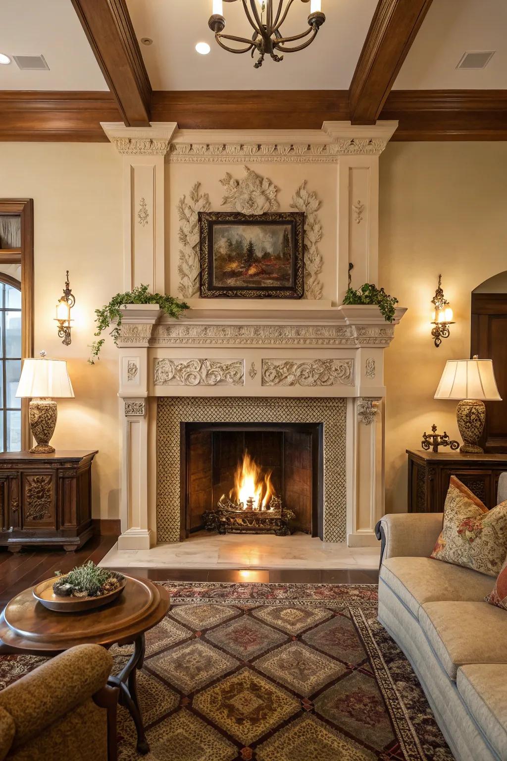 An extravagant fireplace featuring a key mantel for impact.