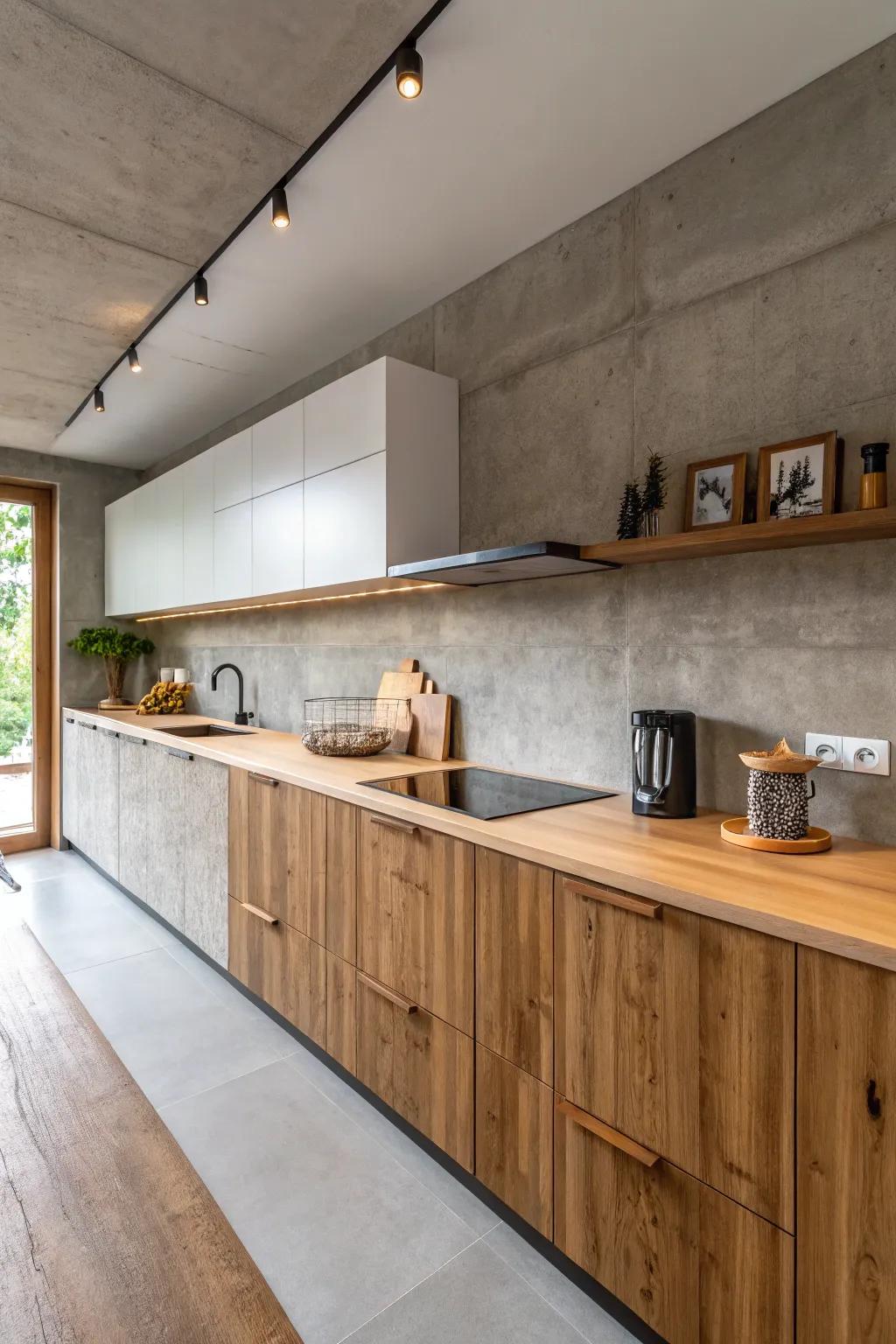 A contemporary contrast of timber and aggregate in cooking area aesthetic.