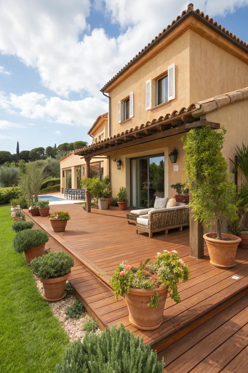 Terracotta decking offers a unique and warm complement to a tan house, evoking Mediterranean charm.