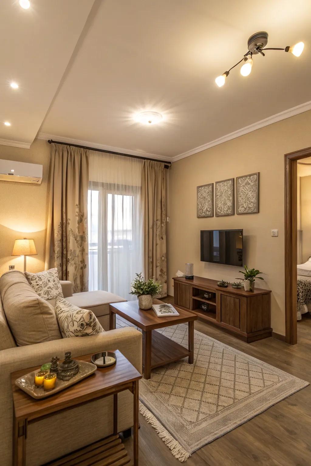 Neutral hues bring a sense of calm and equilibrium to compact living spaces.