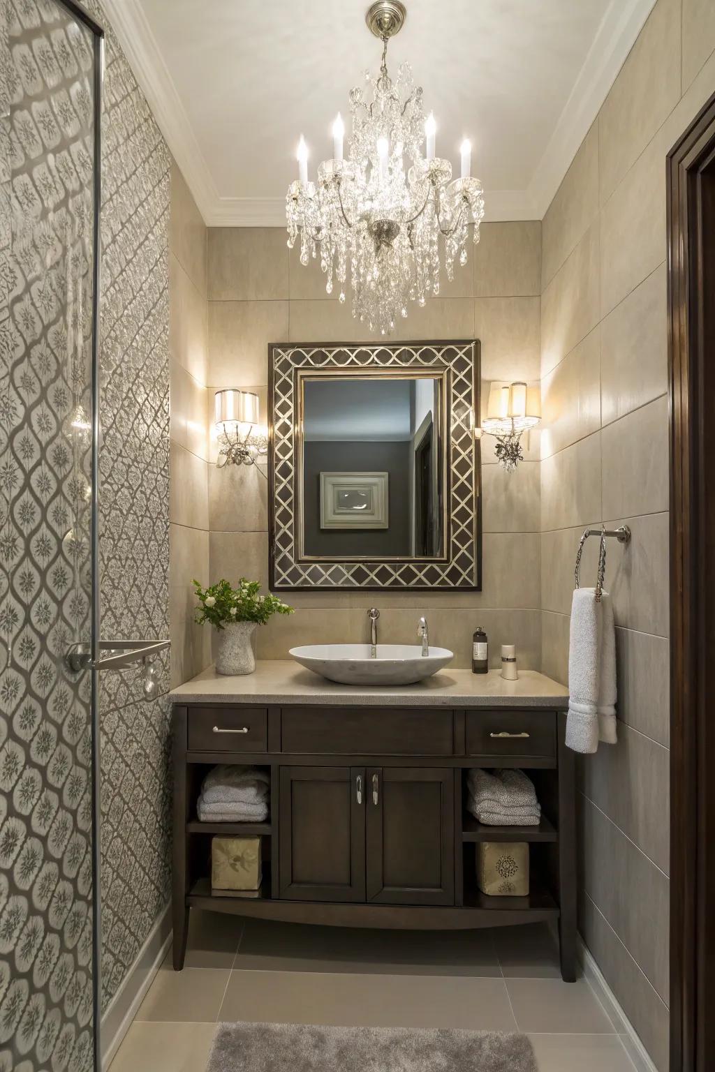 A mini chandelier adds a touch of luxury to a half bath.