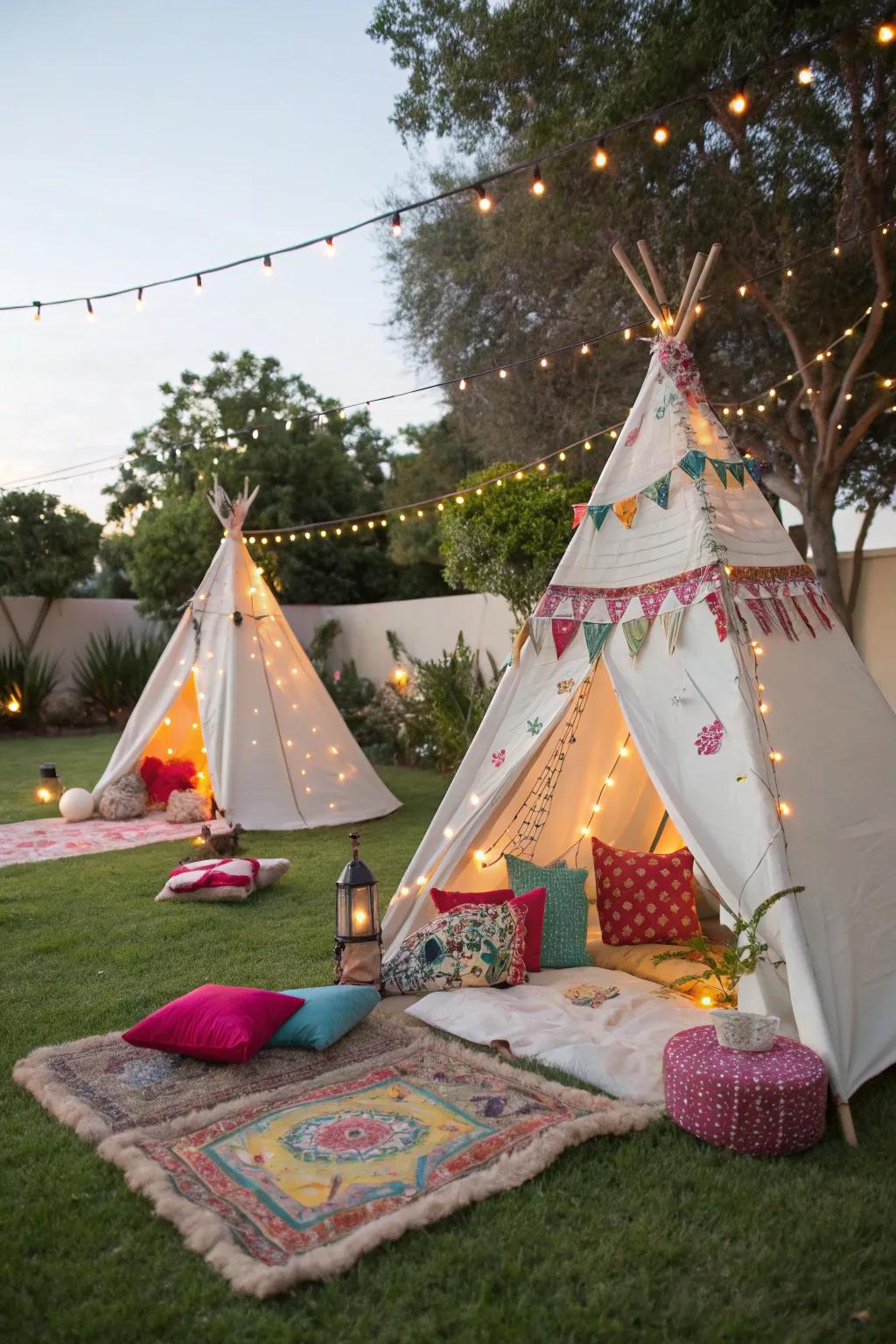 Whimsical teepee tents crafting a magical party atmosphere.