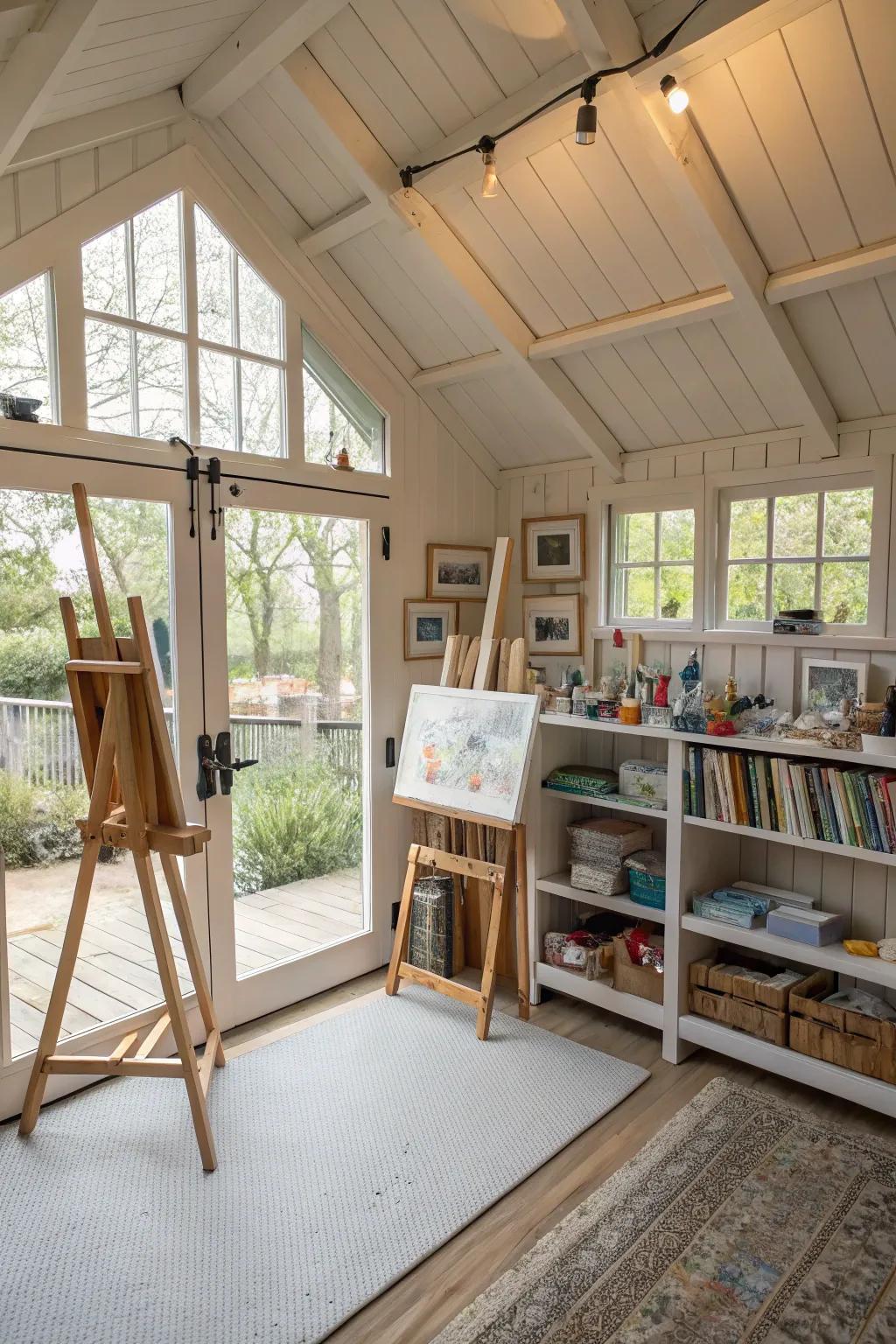 Turn your shed into a bright and inspiring art area.