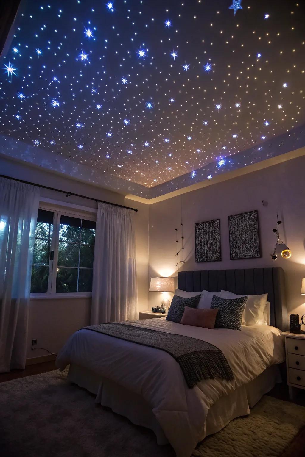 A galaxy-themed room with starry projector lights creating a dreamy night sky.
