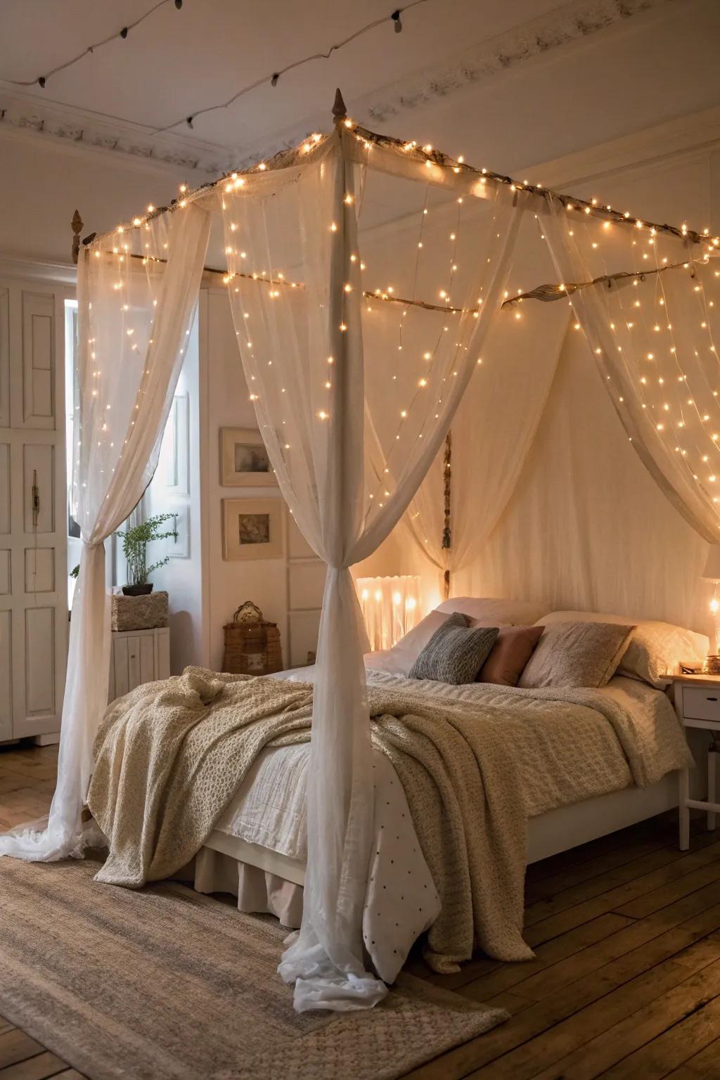 A dreamy canopy bed adorned with glowing string lights.