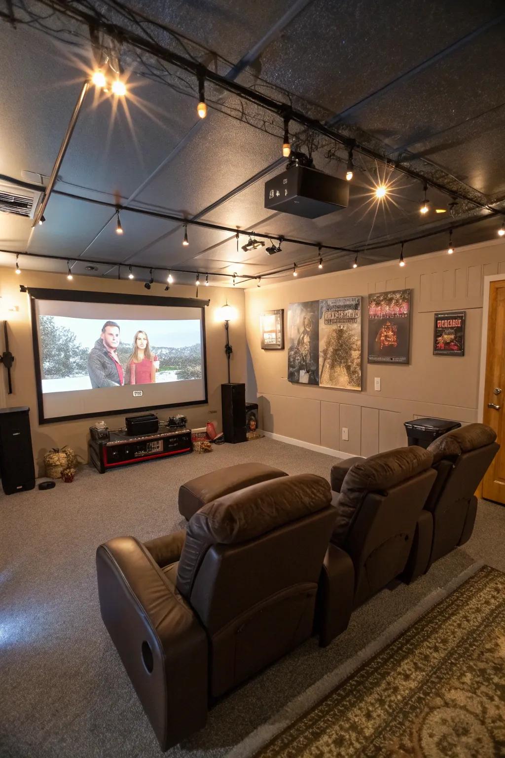 Redefine your garage into a cinematic escape featuring luxurious seating and an expansive screen.